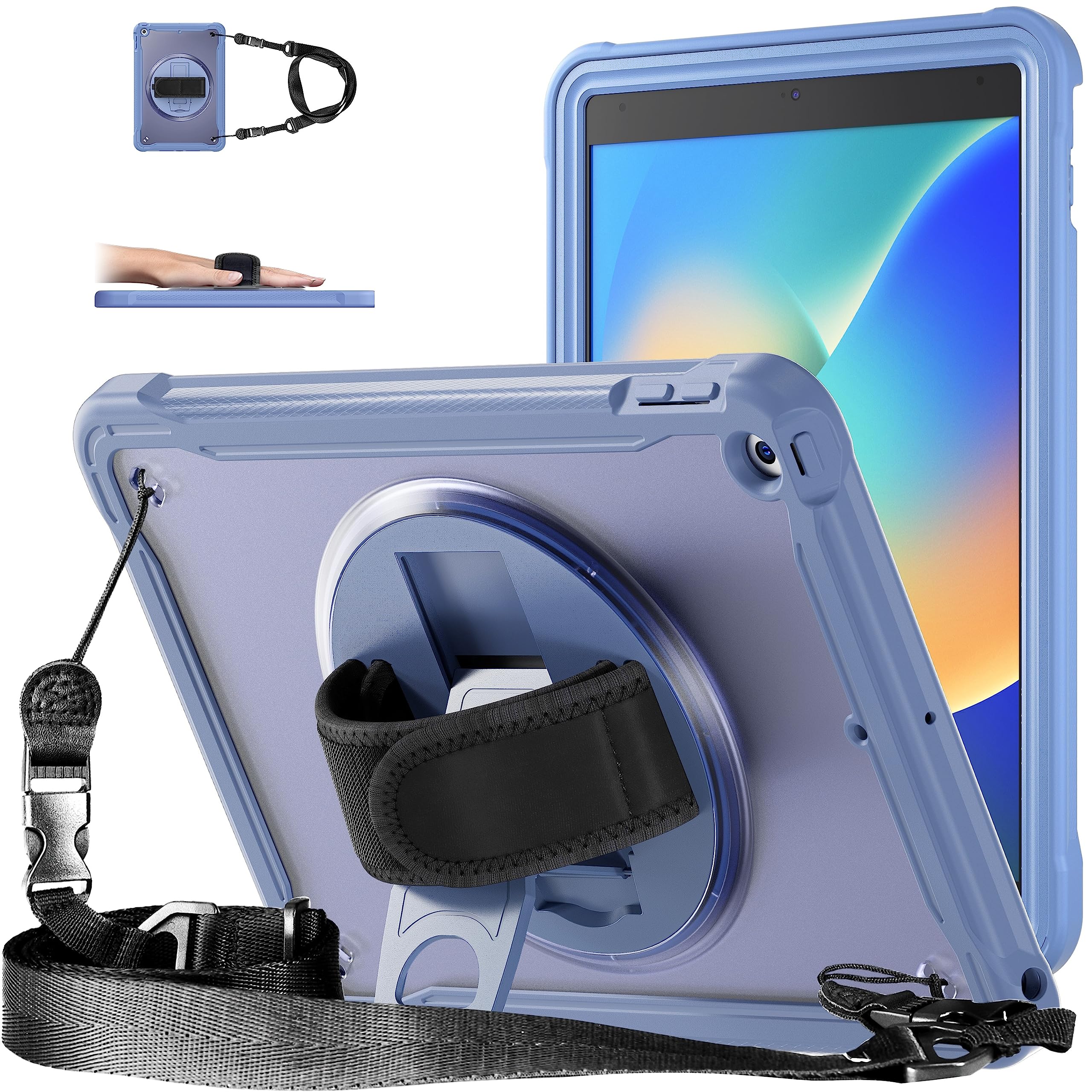 SENLAN iPad 10.2インチ第9/8/7世代 用ケース 肩掛け 360度 回転 ハンドベルト 縦置き 横置き スタンド ショルダーストラップ付き 頑丈 斜め掛け ペン収納 耐衝撃 TPU+PC 半透明カバー(紫灰)