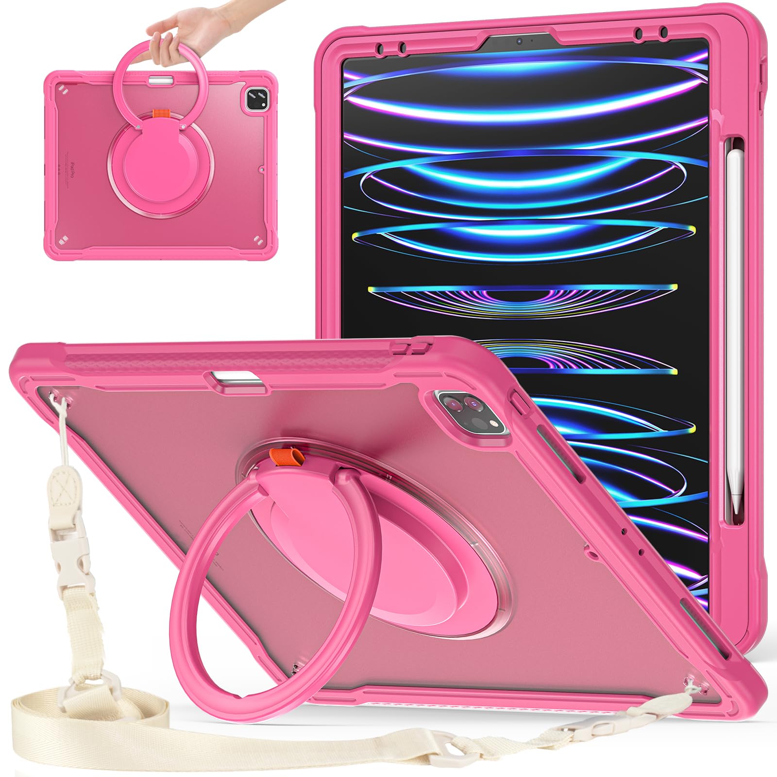 PboyiqiS For iPad Air 13 インチ2025/2024半透明ケース,Aslo For iPad Pro 12.9インチ半透明ケース,360°回転スハンドホルダー ス,スタンド機能 耐衝撃 頑丈 調節可能肩掛けー付き 落下防止 アウトドア,多機
