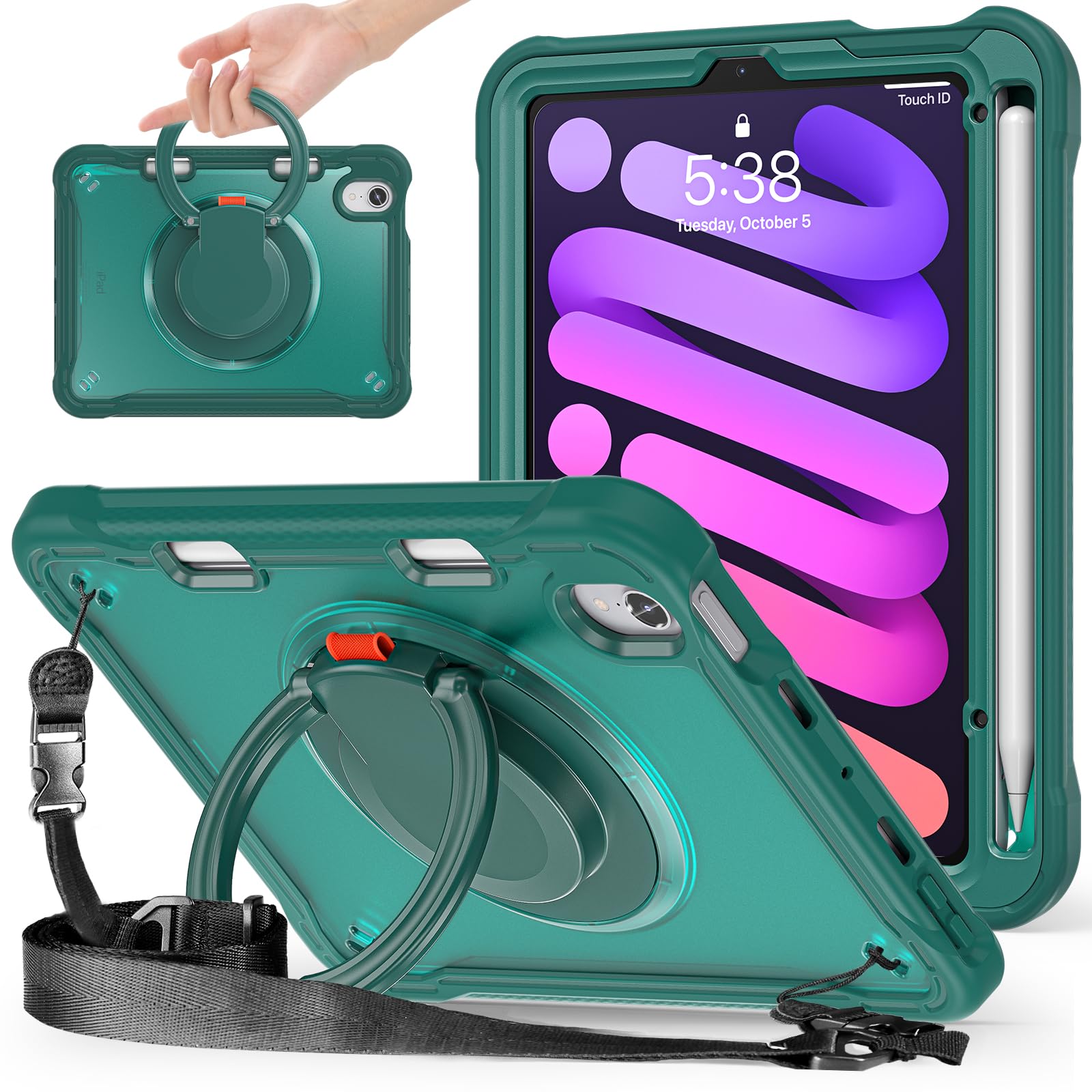 PboyiqiS For iPad Mini 7 2024 ケース,iPad Mini 6 ケース2021 8.3インチ半透明ケース,360°回転スハンドホルダー ス,スタンド機能 耐衝撃 頑丈 調節可能肩掛けー付き 落下防止 アウトドア,多機能実用全面