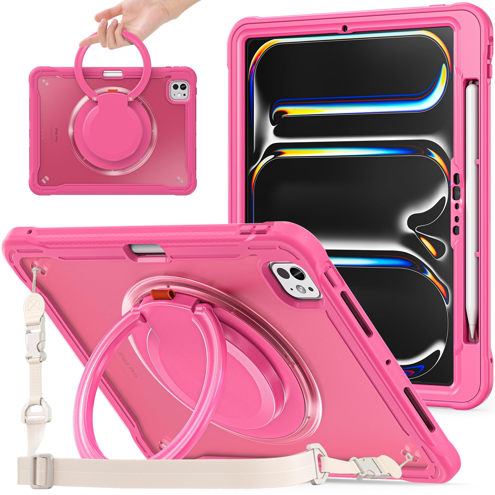 半透明ケース 用の iPad Pro 11インチ M5/M4 2025/2024 (第6/5世代), 360°回転スハンドホルダー ス,スタンド機能 耐衝撃 頑丈 調節可能肩掛けー付き アウトドア,多機能 全面保護 ペンホルダー付き,ロ