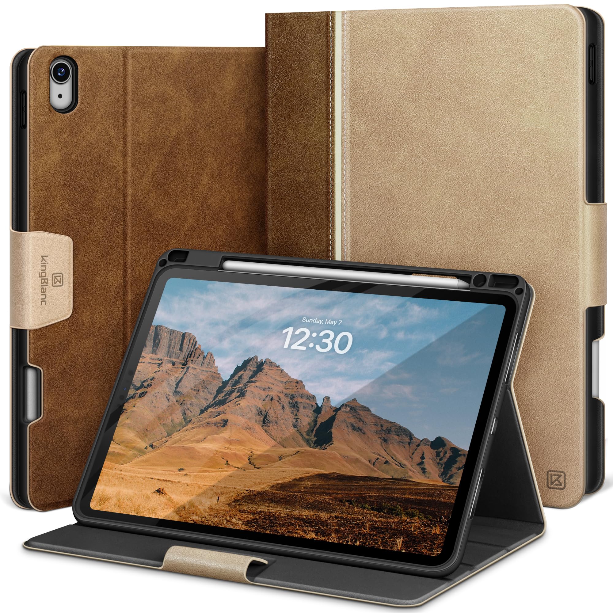 KingBlanc iPad Air 13in 入れもの (M3/M2、2025/2024) 専用 万覚え帳型 書き込み納める可 Apple Pencil Pro/USB-C相応う オートスリープ 鉛筆保持者付き添い人 御前上等PUなめし革製 ペンキ屋角度 全面保護すること 耐衝撃 傷つけ押しとどめる 頑