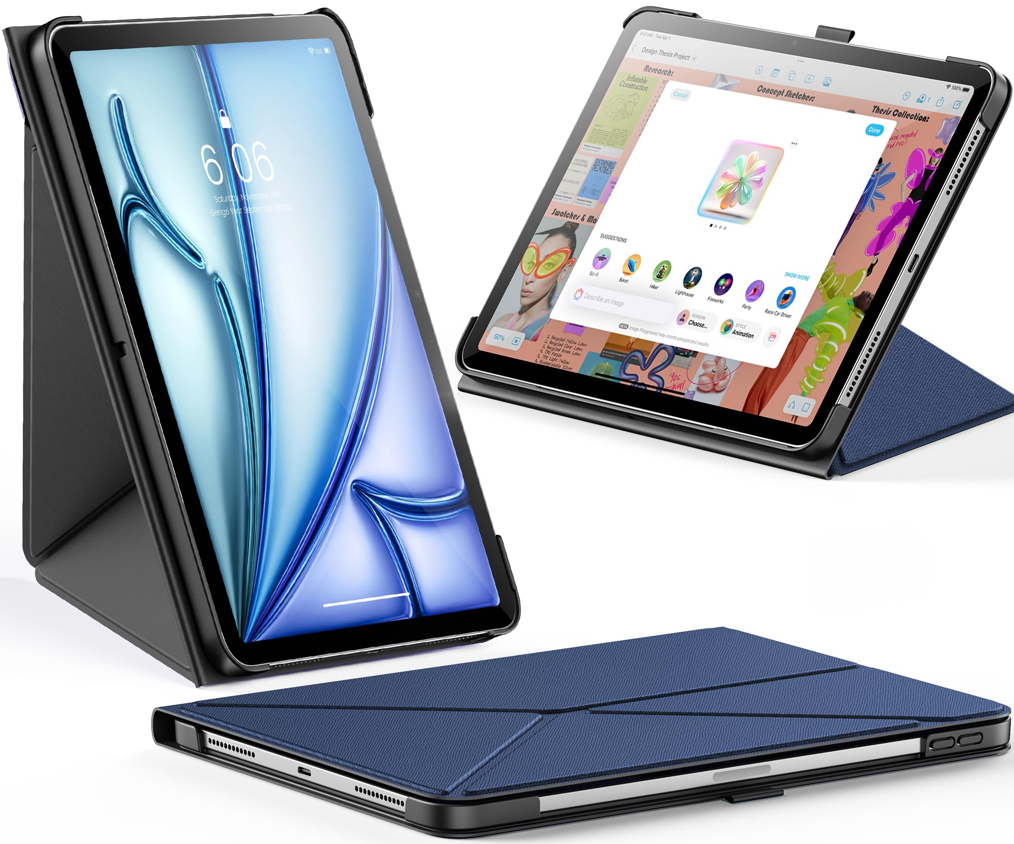 INFILAND iPad Air 11インチ (M3/M2 2025/2024) & iPad Air 第5/4世代 (2022/2020) 対応ケース スリム折りたたみ式ブックスタイルカバー ペンホルダー付き 多角度調整マグネットスタンド オートスリープ機能