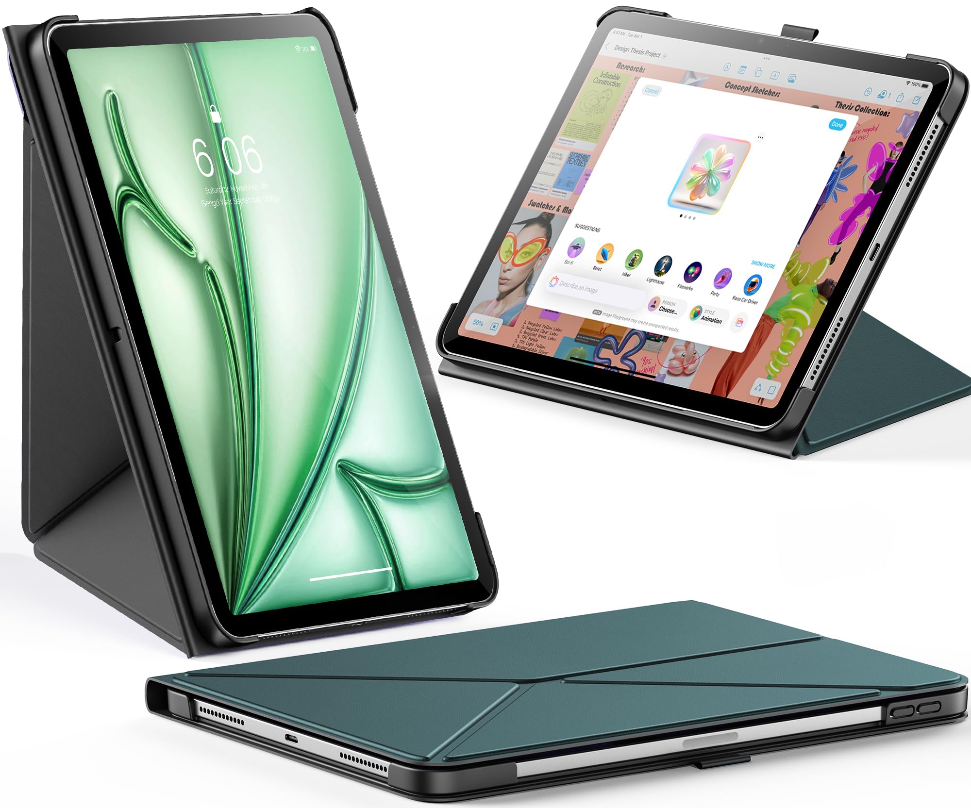 INFILAND iPad Air 11インチ (M3/M2 2025/2024) & iPad Air 第5/4世代 (2022/2020) 対応ケース スリム折りたたみ式ブックスタイルカバー ペンホルダー付き 多角度調整マグネットスタンド オートスリープ機能