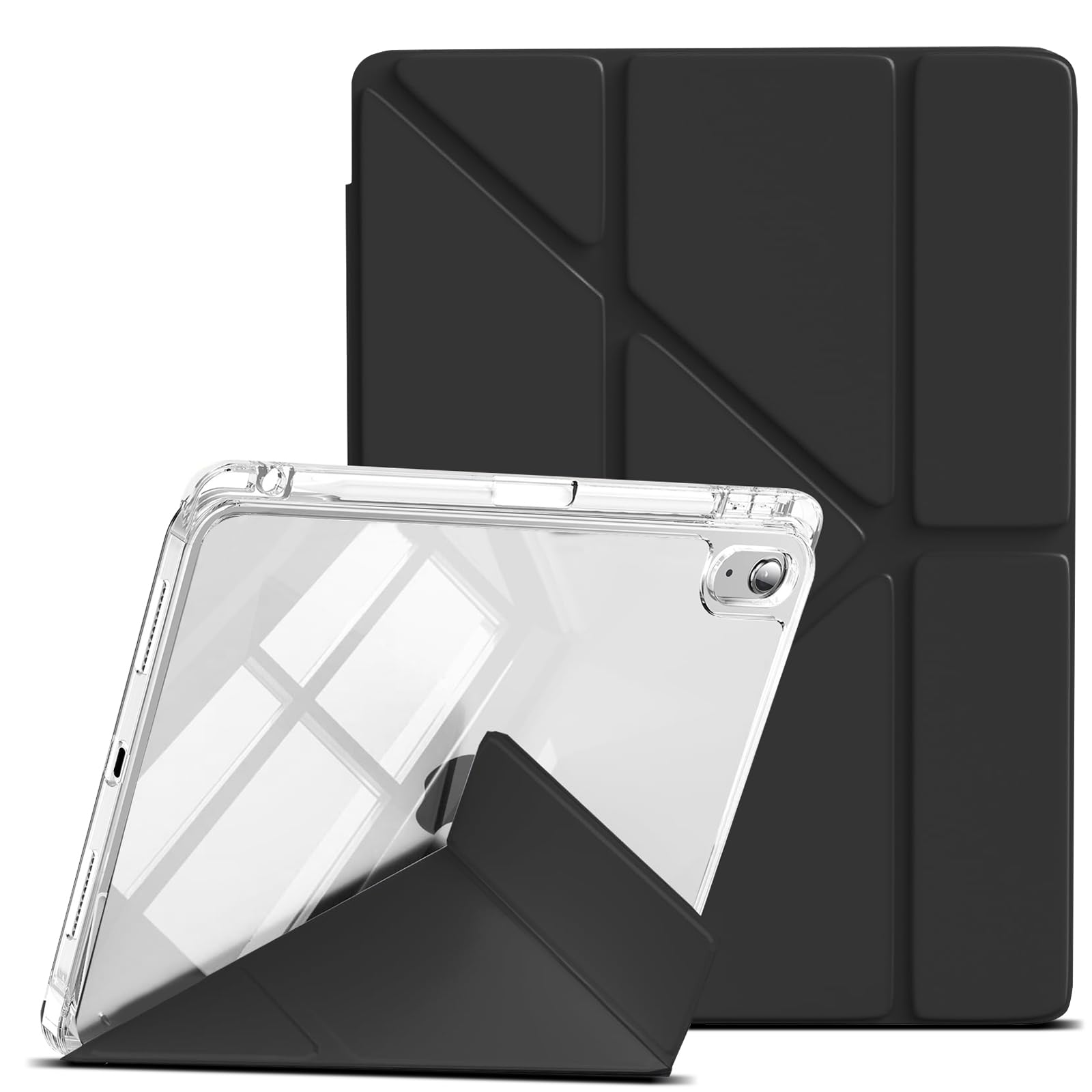 LuFiYa 保護ケース iPad Air 7/6 11インチ M3/M2 (2025/2024)/iPad Air 5/4 (2022/2020) 用 タブレットカバーTPU+PC 裏全透明 PU合成レザー 多機能三角形スタンド 横置＆縦置 角度調整可能 磁気吸着 Pencil収納 軽量