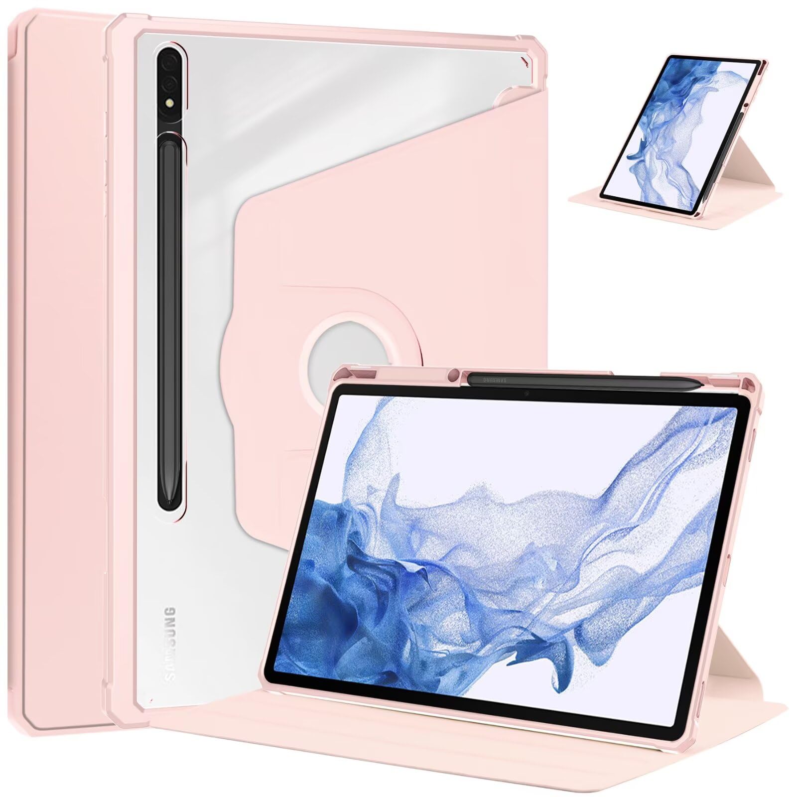 360度回転式 スタンド 対応 Galaxy Tab S10 Lite / S10 FE / S9 FE 10.9インチ ケース Tab S9 11インチ 縦置きカバー S Pen 収納 充電対応 軽量 耐衝撃 透明バックカバー ギャラクシー S10fe 保護ケース,ピンク