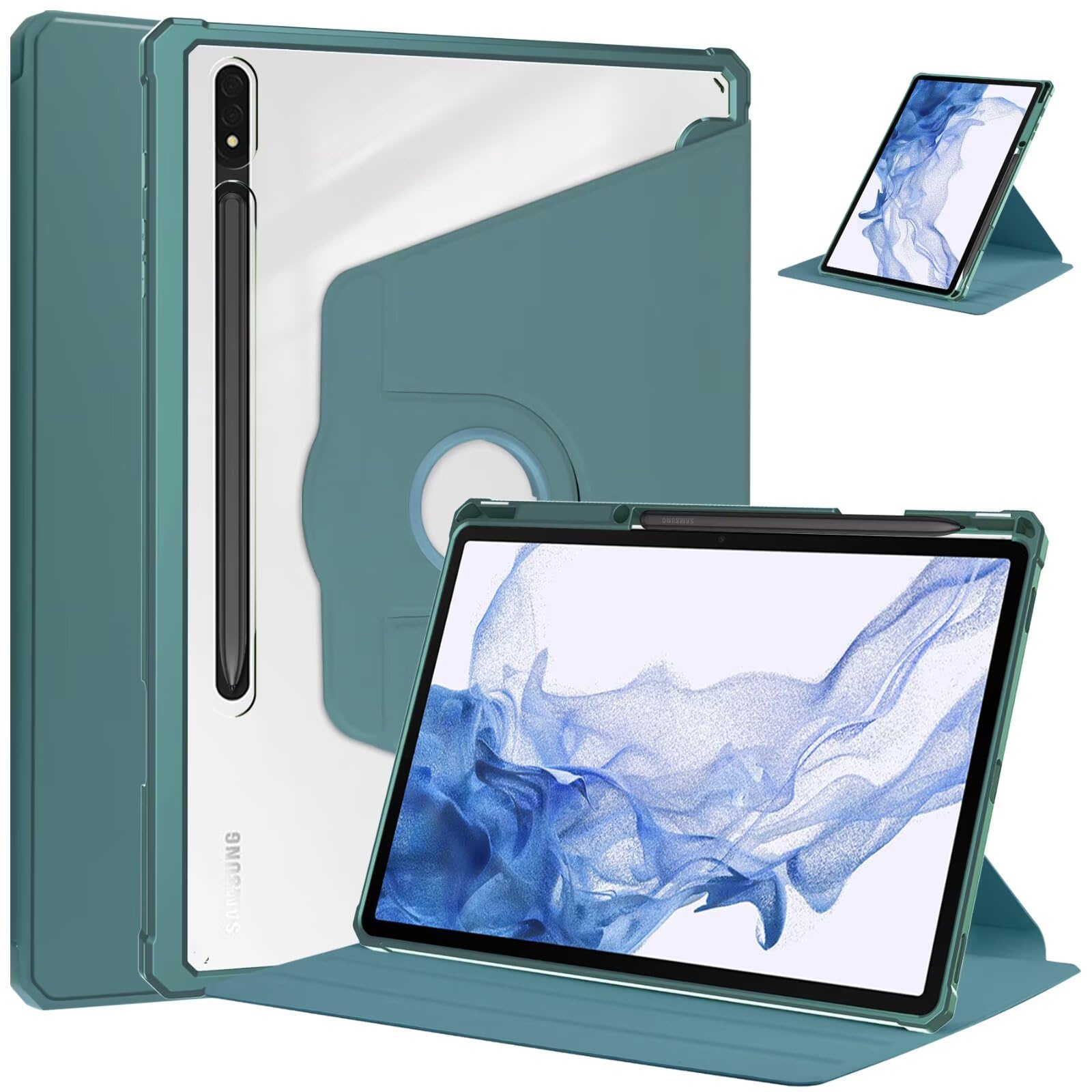 360度回転式 スタンド 対応 Galaxy Tab S10 Lite / S10 FE / S9 FE 10.9インチ ケース Tab S9 11インチ 縦置きカバー S Pen 収納 充電対応 軽量 耐衝撃 透明バックカバー ギャラクシー S10fe 保護ケース,深緑，