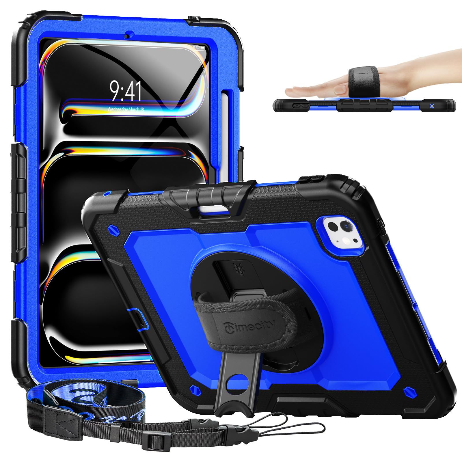 Timecity 対応 ケース iPad Pro 11インチ 2024 (第5世代) 耐衝撃 三層保護 360°回転スタンド 保護フィルム バンド&ショルダー ストラップ ペン収納付き 横/縦置き 防塵 傷防止 タイピング 子供友好 現|WES STORE