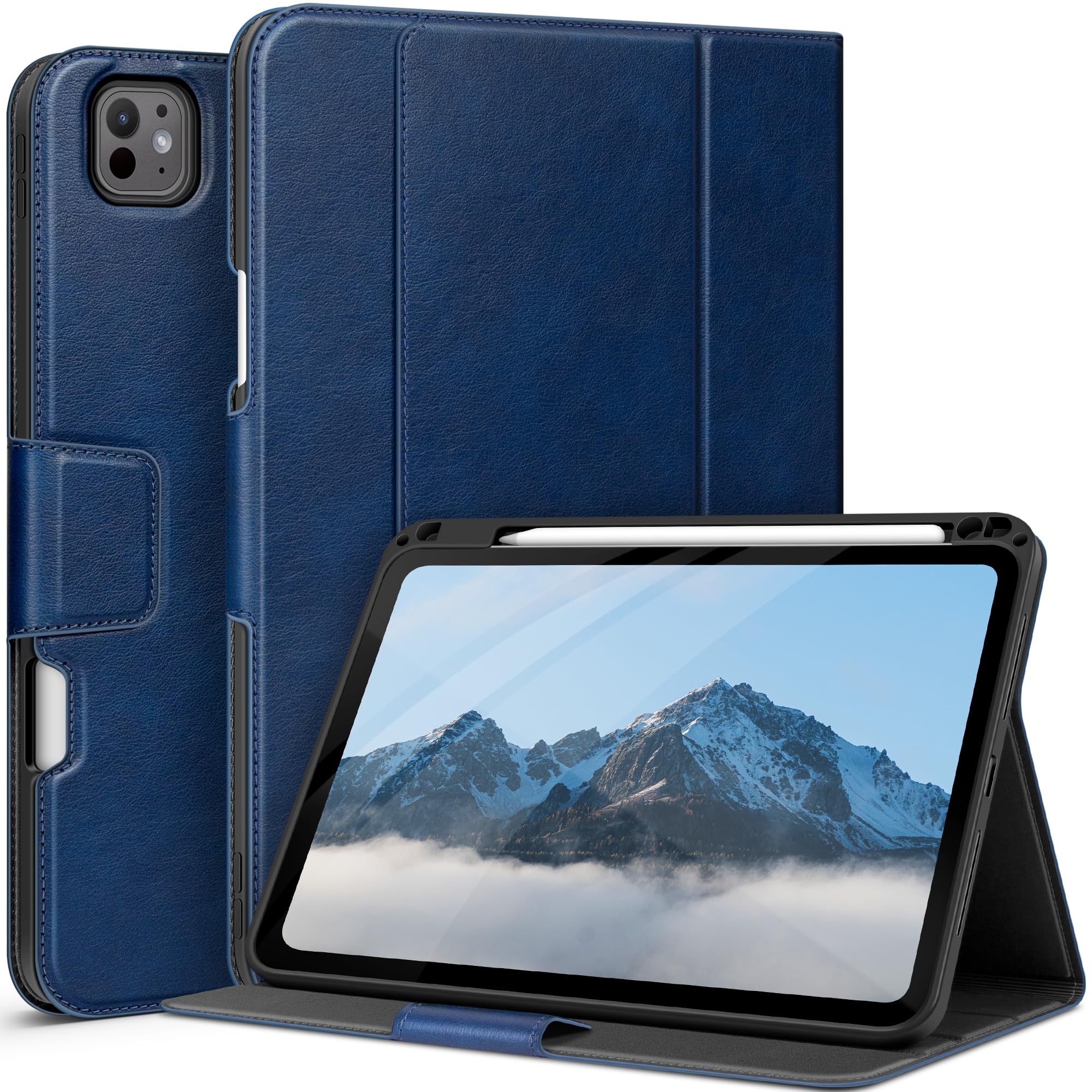 auaua iPad Pro 11インチ ケース (M5/M4) 2025/2024 専用 ペン収納 Pencil Pro/USB-C完全対応 ポケット付き 多角度スタンド マグネット開閉 オートスリープ対応 (ブルー)