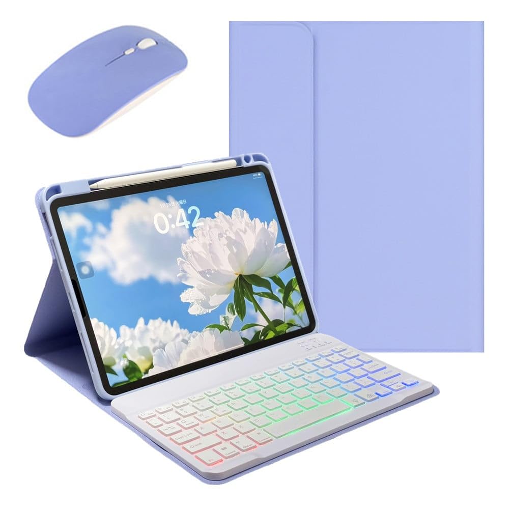 KMXDD マウス付き iPad 11世代/10世代 用 バックライトキーボード iPad（A16）11インチ 2025/10.9インチ 2022 用 キーボードケース カラフル RGBバックライト 分離式 Apple Pencil 収納可能,紫+白