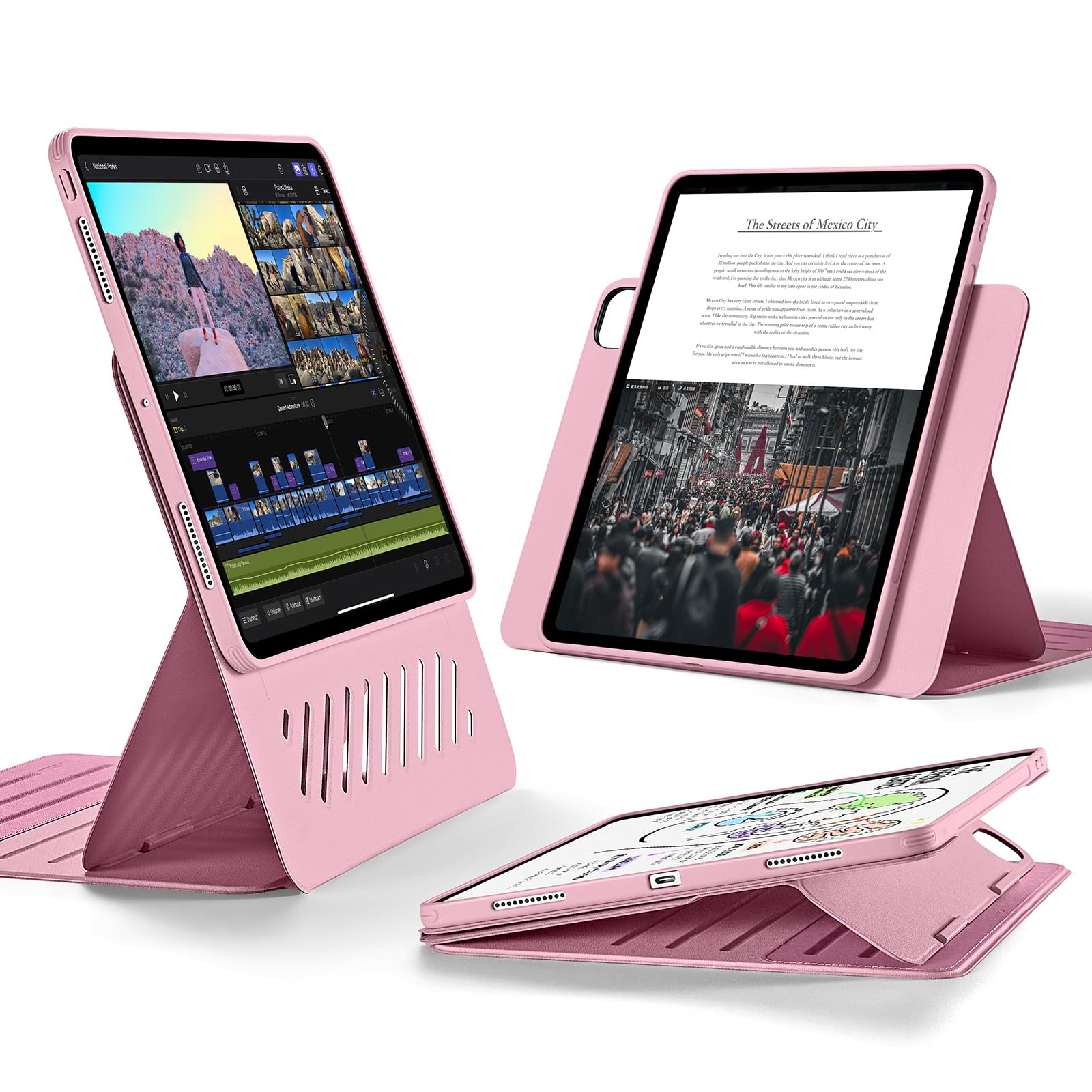 ESR iPad Pro 13インチ ケース（M5/M4、2025/2024）専用 取外し可能なマグネットカバー付き回転式ケース 縦向き/横向きスタンド 6段階の角度調節可能 Pencil Pro/USB-C完全対応 Shiftシリーズ ピンク