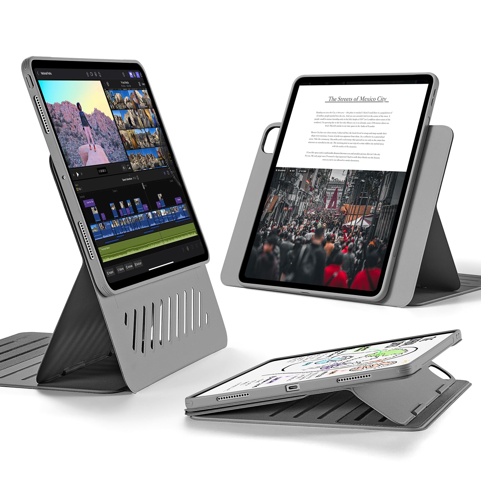 ESR iPad Pro 13in 容れもの（M5/M4、2025/2024）専用 取りはらい能力のあるな磁石取りまかなう付き添い人回転させる式容れもの 縦方位/横向き照明ランプ 6度合いの角度調節する能力のある Pencil Pro/USB-C完膚なきまで相応う Shift続きもの 薄墨色