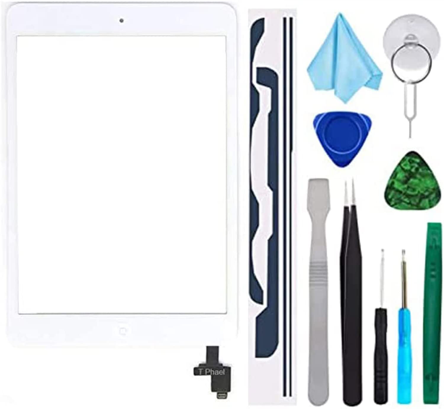 iPad Mini 1＆2 A1432 A1489デジタイザー修理キット用タッチスクリーンデジタイザー交換用icチップ+ホームボタン+ツール+プリインストールされた接着剤(ホワイト)