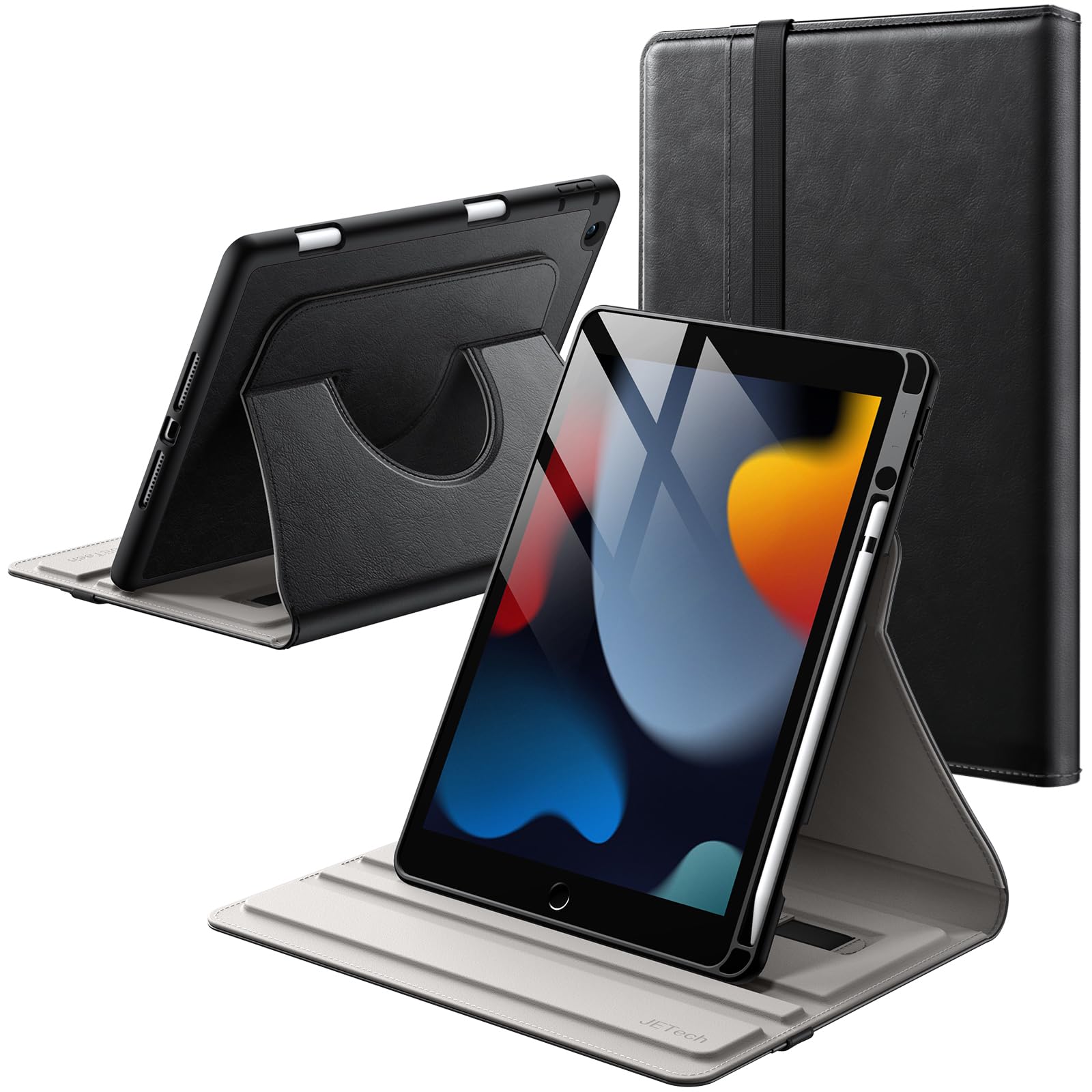 JETech 回転ケース iPad 9/8/7用 (10.2インチ、2021/2020/2019モデル、第9/8/7世代) Pencilホルダー付き 360°回転 PUレザー フォリオ保護カバー (ブラック)