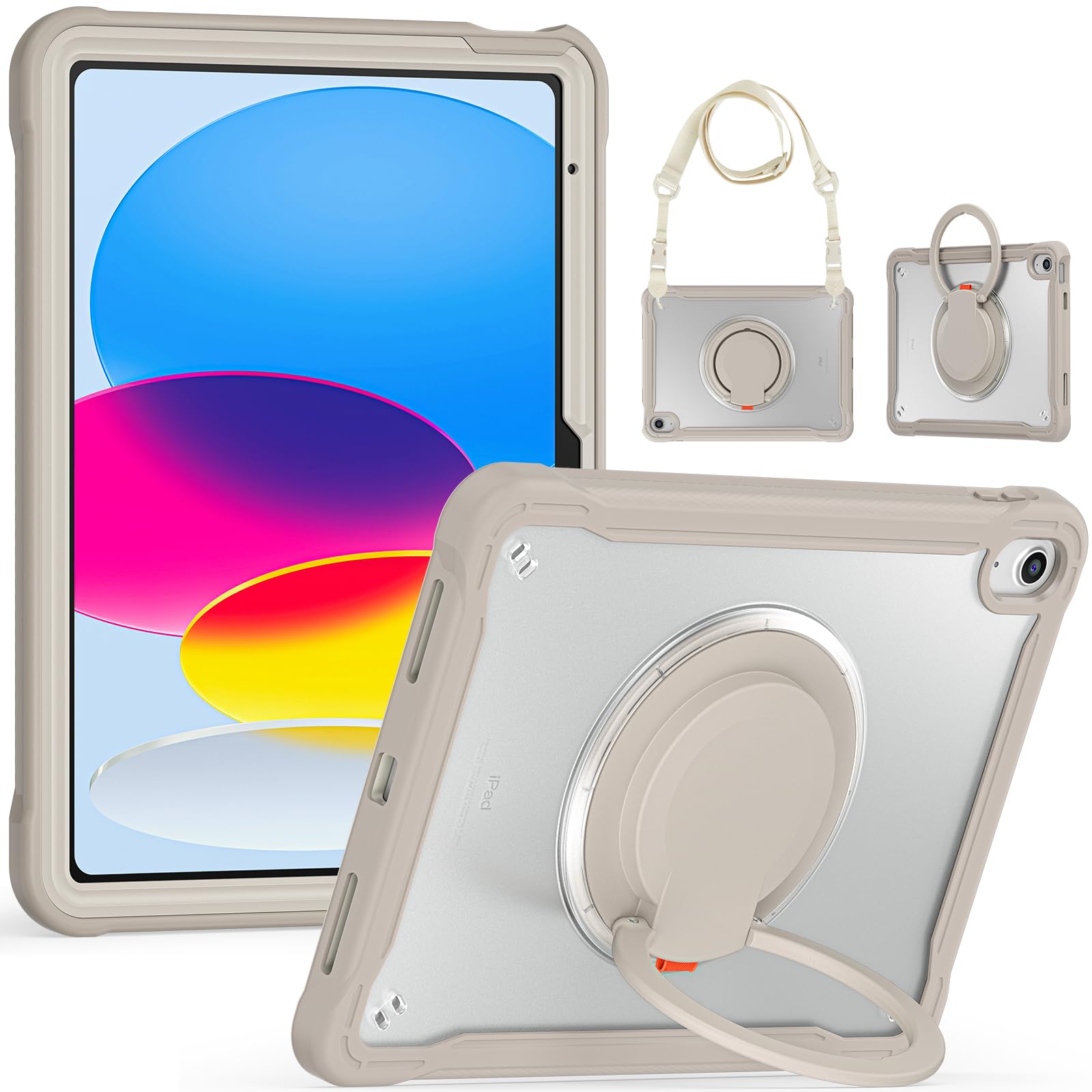 GOOVEN 2022 iPad 10 第10 時人/iPad 11（A16）2025 第11時人専用型容れもの 360° 回転させる輪っか 半澄み切った容れもの うしろ側取りまかなう 膝掛け 合わせる能力のある ストラップ付き添い人 薄型 軽さ 書きもの保持者付き添い人，カーキ