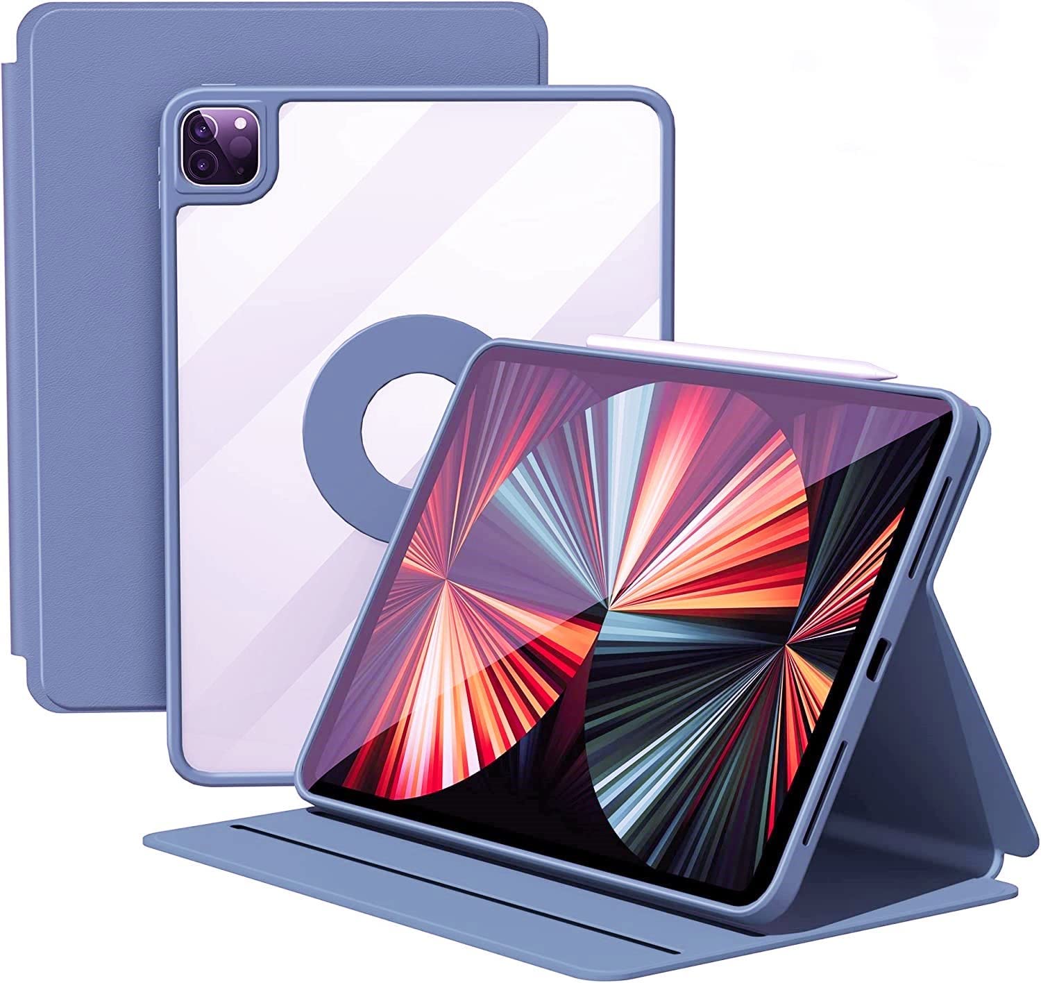 縦置きiPad Air 11インチ(M3 2025/M2 2024) ケース iPad Air 第5/4世代/Pro11 第4/3/2/1世代 磁気吸着 透明 取り外し可能な マグネットカバー 回転 分離式 クリア 軽量 オートスリープ/ウェイク対応, 紫灰