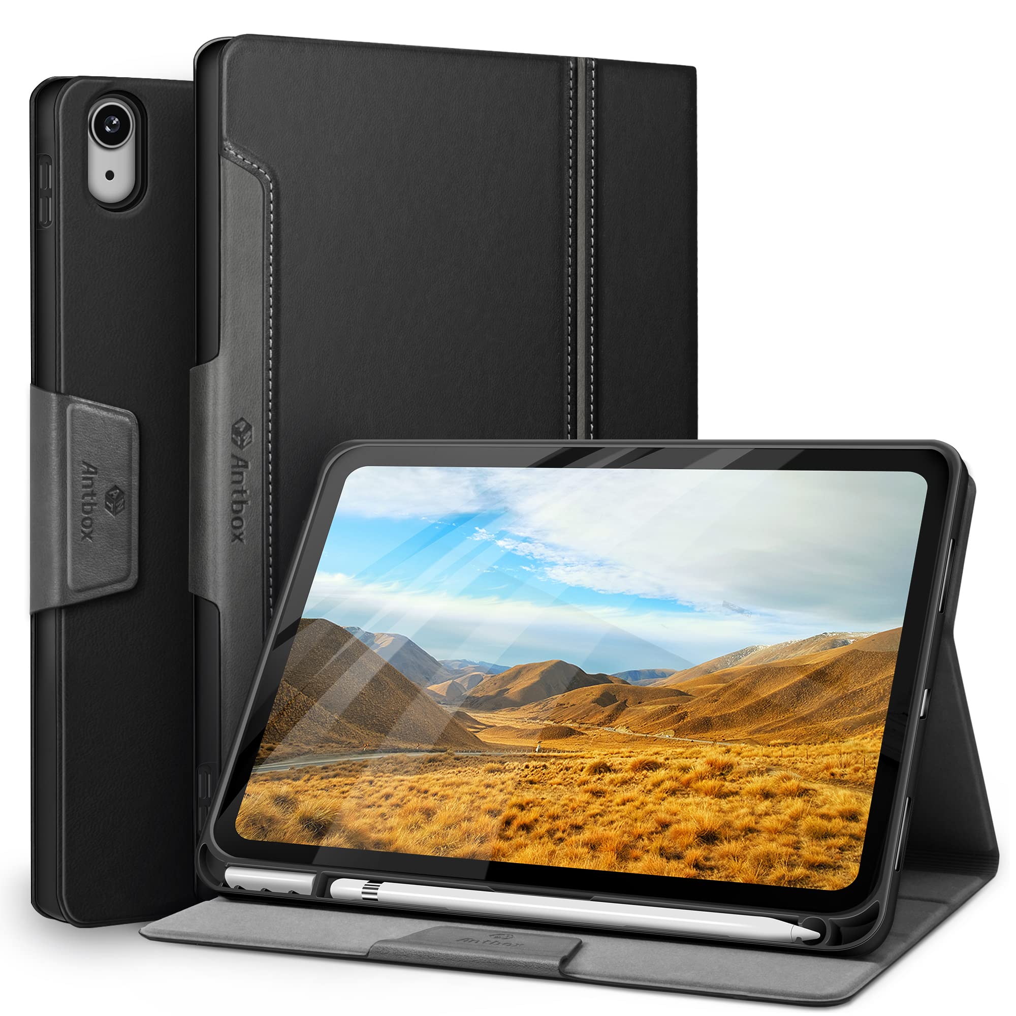 Antbox iPad 第11世代 ケース(A16) 第10世代 ケース 10.9インチ 高級ソフトPUレザー製 ひび割れ防止 耐衝撃 Pencil収納可 オートスリープ＆スタンド機能付き 全面保護 (ブラック)｜WES STORE