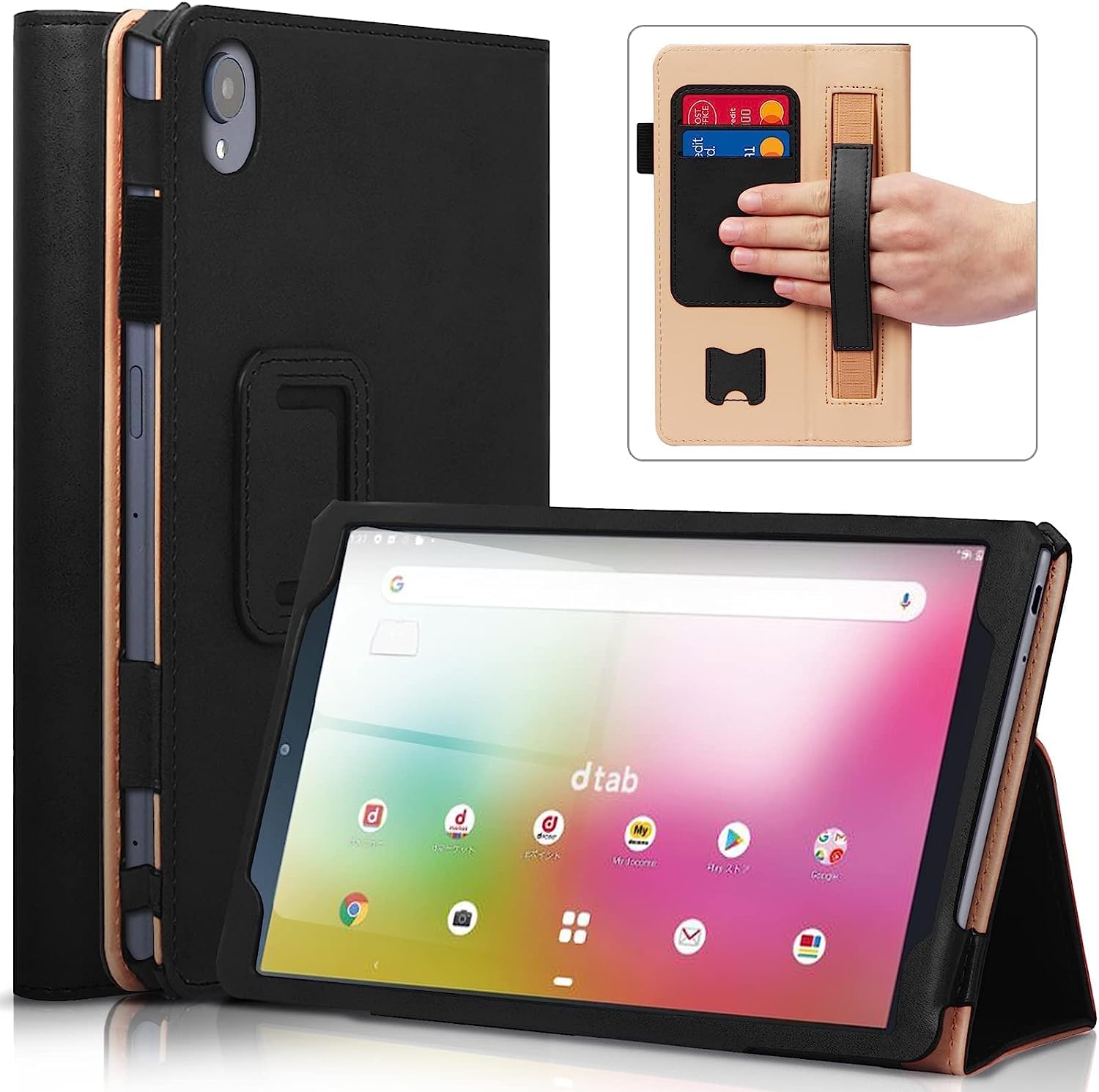 docomo Compact dtab d-52c 8インチ 2022新型，タブレット ケース d-52c 用多機能保護カバー 高級PUレザーケース スタンド機能付 タッチペン収納可能 ハンドストラップ付 カード収納可能 (Black)