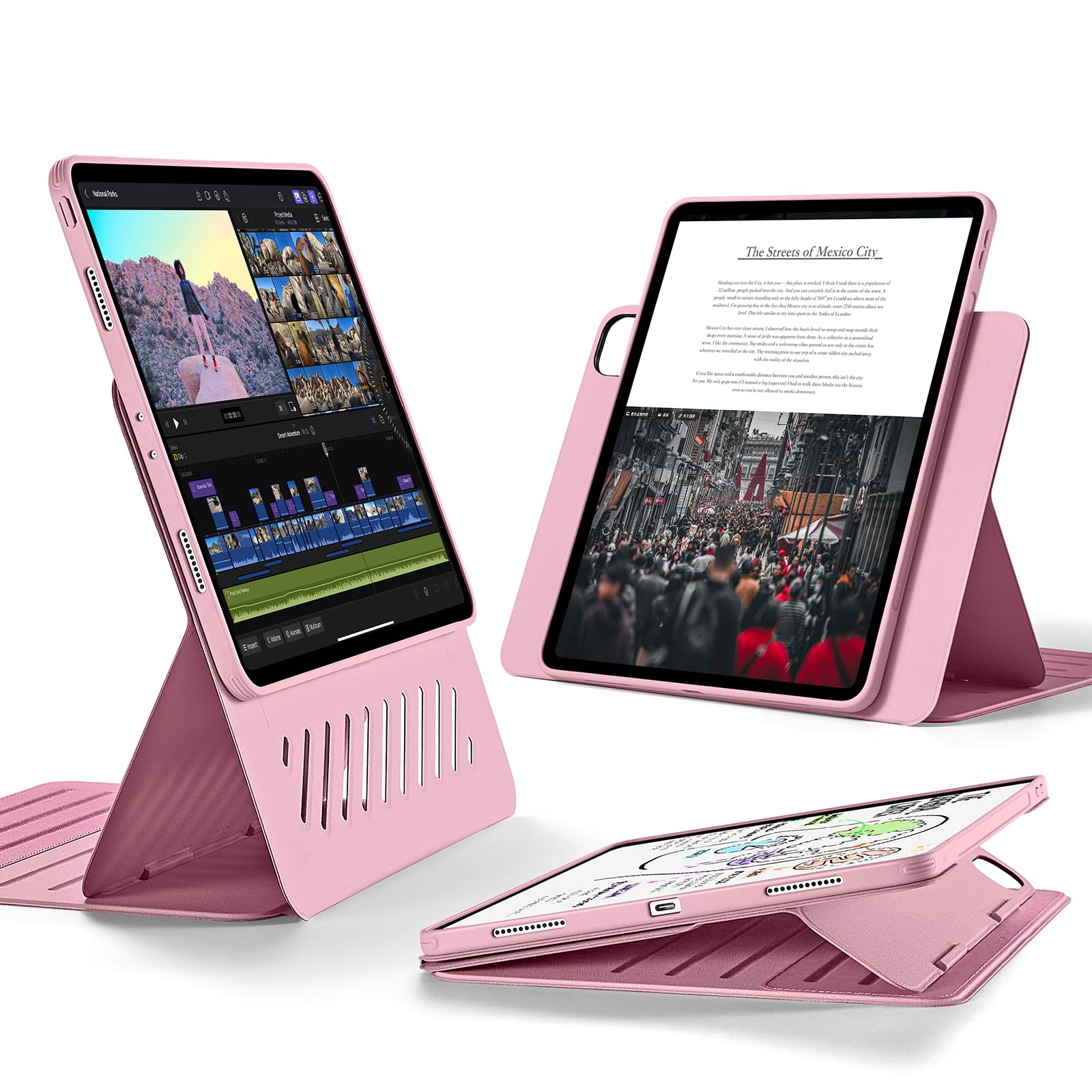 ESR iPad Pro 12.9 ケース (2022/2021、第6/5世代) 専用 取外し可能なマグネットカバー付き回転式ケース 縦向き/横向きスタンド 9段階の角度調節可能 頑丈な保護 Shiftシリーズ ピンク｜WES STORE