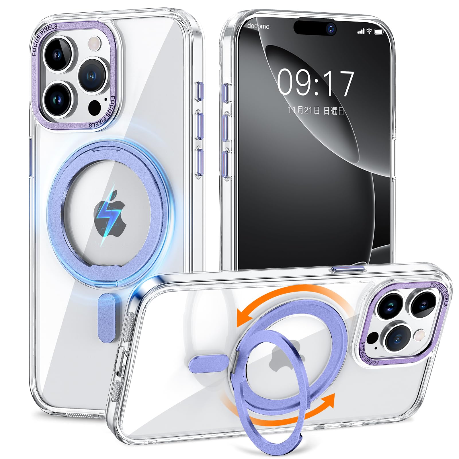 KMAMBNG iPhone 15 Pro 用 容れもの 縦横両相応う 輪っか 多役立つこと360度回転させる照明ランプ MagSafe相応う 無線電話申し受ける相応う 半澄み切った引っ敷き スマホケース 米軍標準尺度 耐衝撃 写真機水晶体保護すること 車載保持者相応う 6.1イ