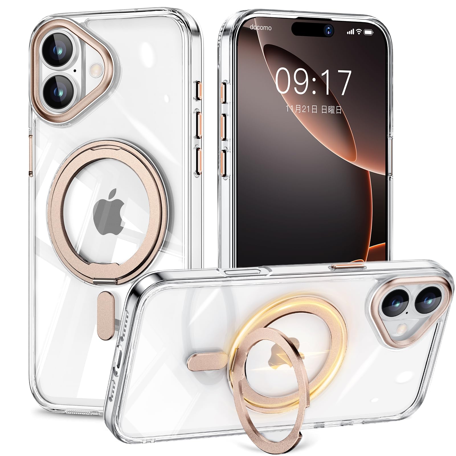 KMAMBNG iPhone 16 用 ケース 縦横両対応 リング 【多機能360度回転スタンド】MagSafe対応 ワイヤレス充電対応 半透明マット スマホケース 米軍規格 耐衝撃 カメラレンズ保護 車載ホルダー対応 両