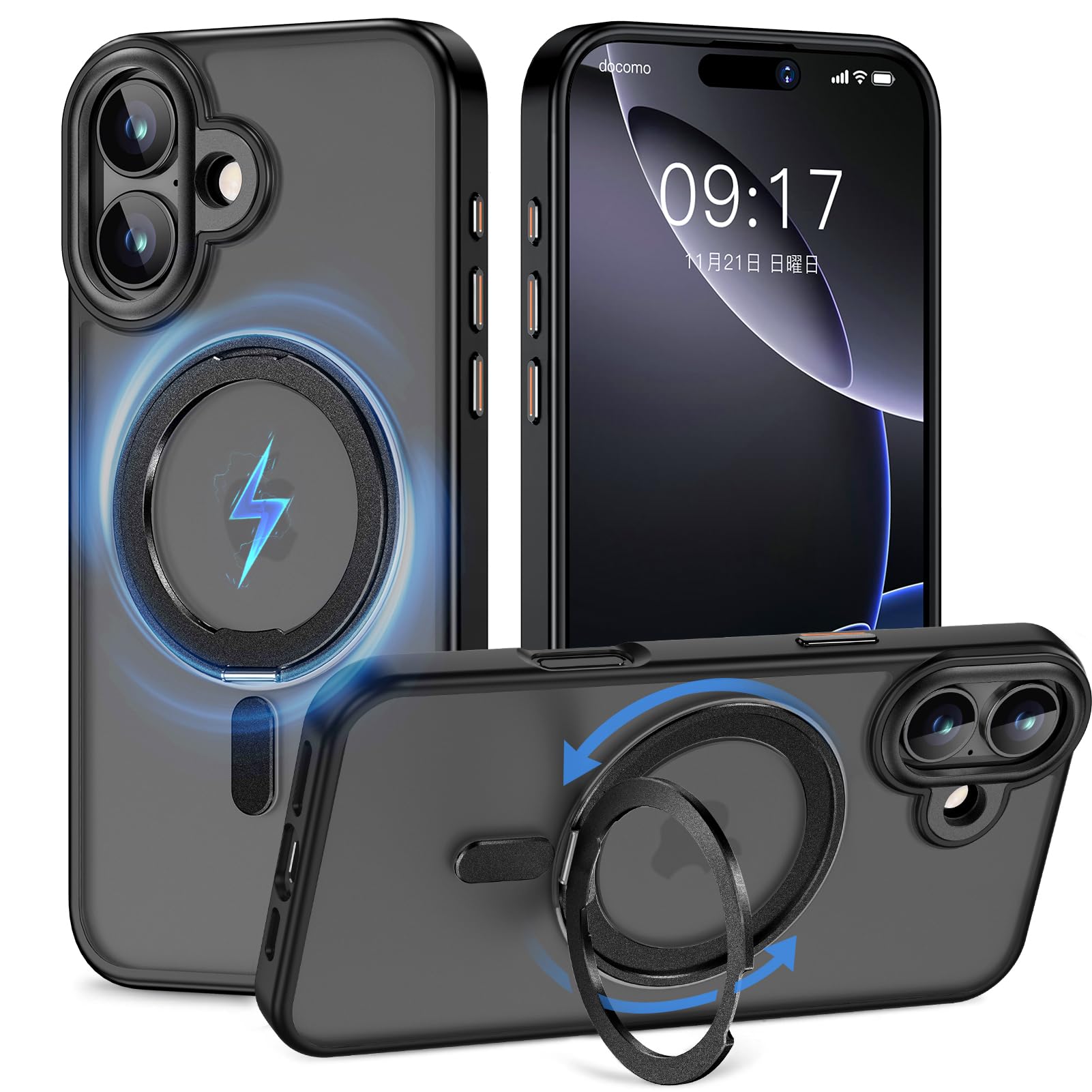 KMAMBNG iPhone 17 用 容れもの 縦横両相応う 輪っか 【多役立つこと360度回転させる照明ランプ】MagSafe相応う 無線電話申し受ける相応う 半澄み切った引っ敷き スマホケース 米軍標準尺度 耐衝撃 写真機水晶体保護すること 車載保持者相応う 両