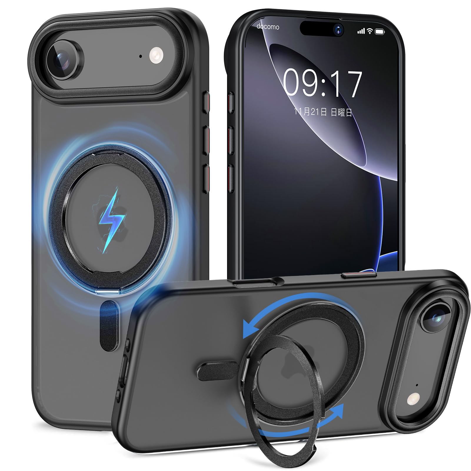 KMAMBNG iPhone 17 Air 用 容れもの 縦横両相応う 輪っか 【多役立つこと360度回転させる照明ランプ】MagSafe相応う 無線電話申し受ける相応う 半澄み切った引っ敷き スマホケース 米軍標準尺度 耐衝撃 写真機水晶体保護すること 車載保持者相応う
