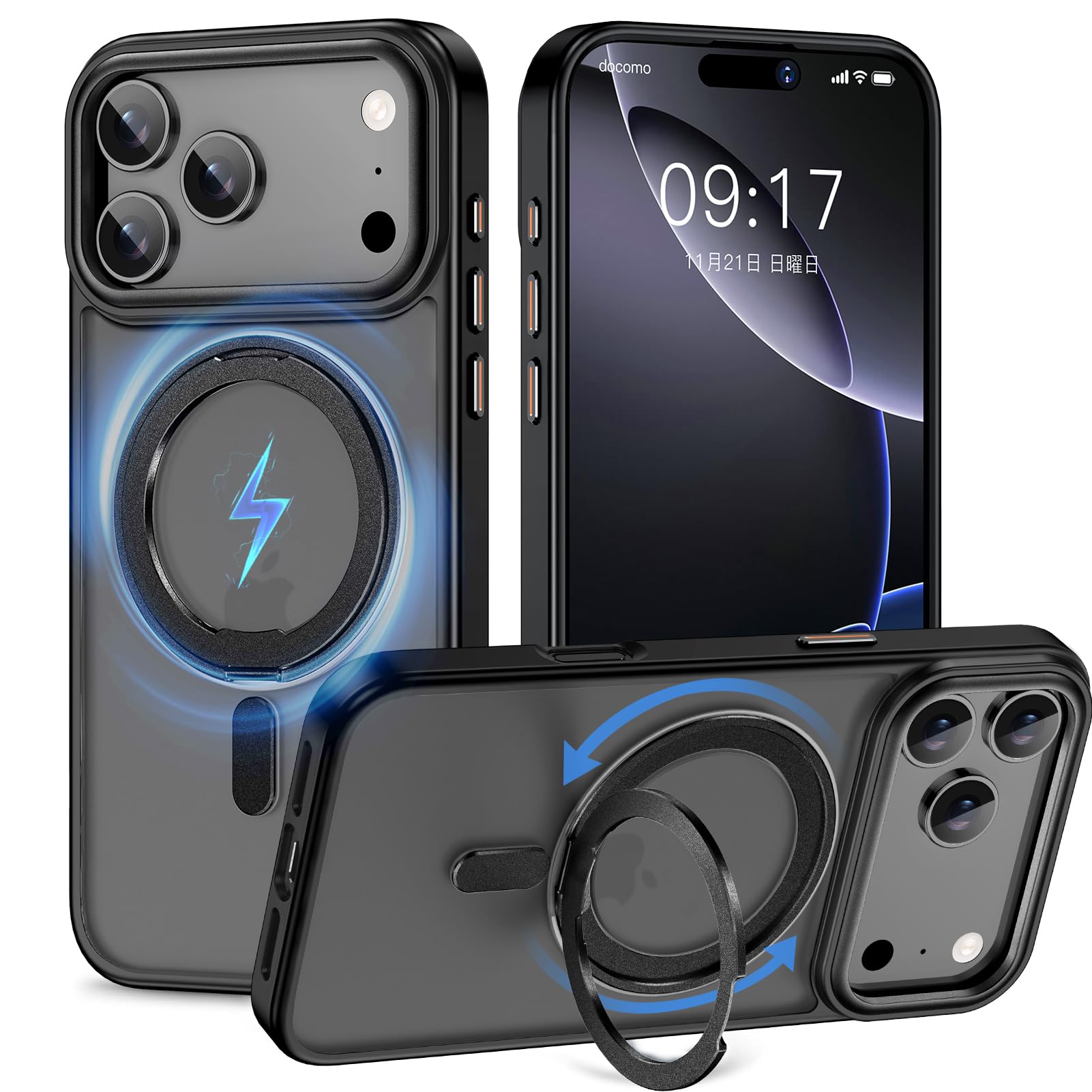 KMAMBNG iPhone 17 Pro 用 容れもの 縦横両相応う 輪っか 【多役立つこと360度回転させる照明ランプ】MagSafe相応う 無線電話申し受ける相応う 半澄み切った引っ敷き スマホケース 米軍標準尺度 耐衝撃 写真機水晶体保護すること 車載保持者相応う