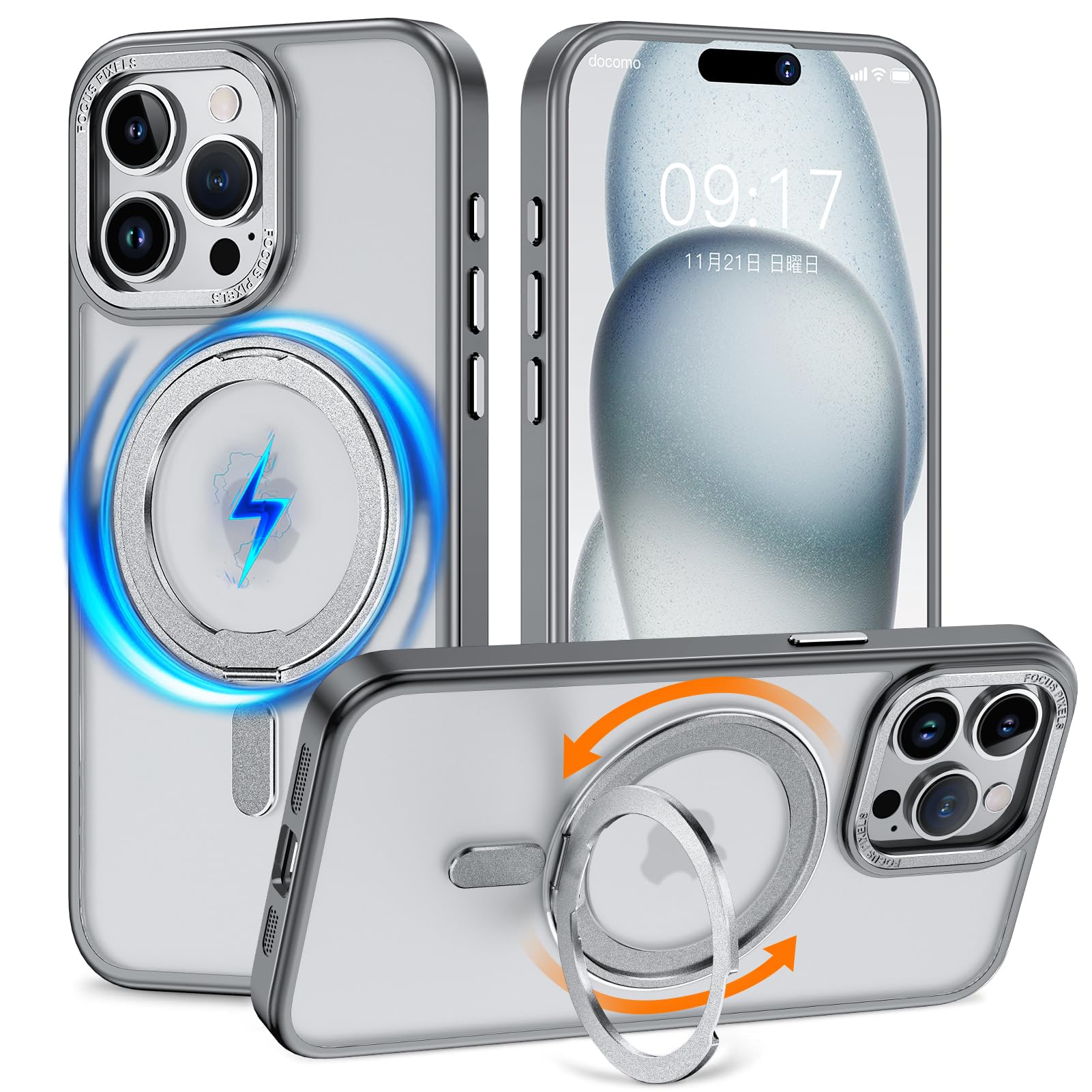KMAMBNG iPhone 15 Pro 用 容れもの 縦横両相応う 輪っか 【多役立つこと360度回転させる照明ランプ】 MagSafe 無線電話申し受ける相応う 半澄み切った引っ敷き スマホケース 米軍標準尺度 耐衝撃 写真機水晶体保護すること 車載保持者相応う 6.1イ