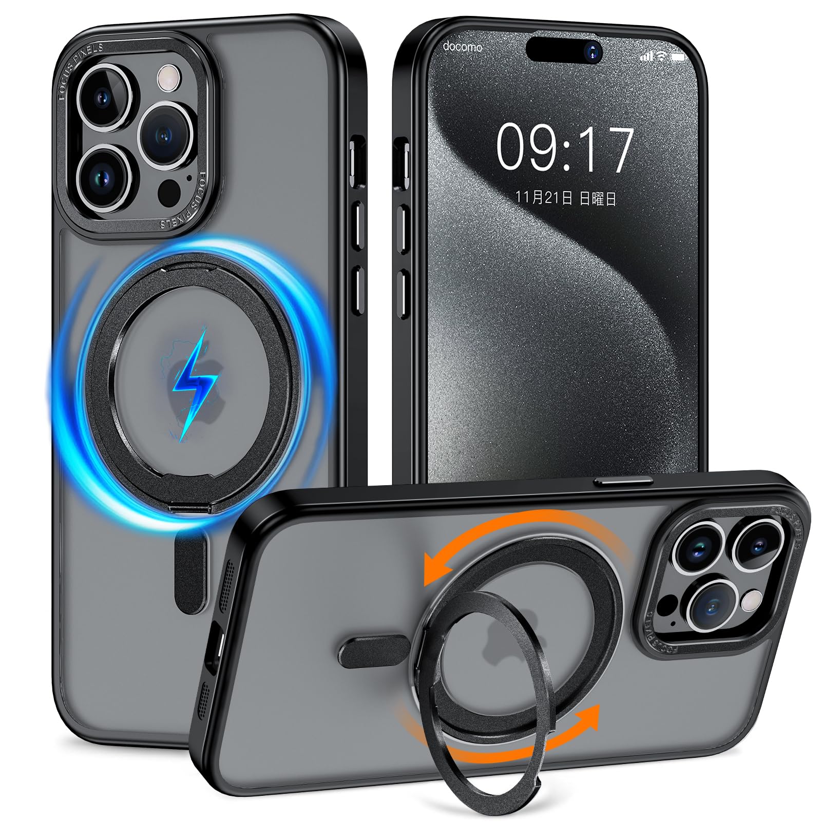 KMAMBNG iPhone 13 Pro Max 用 容れもの 縦横両相応う 輪っか 【多役立つこと360度回転させる照明ランプ】MagSafe相応う 無線電話申し受ける相応う 半澄み切った引っ敷き スマホケース 米軍標準尺度 耐衝撃 写真機水晶体保護すること 車載保持者対