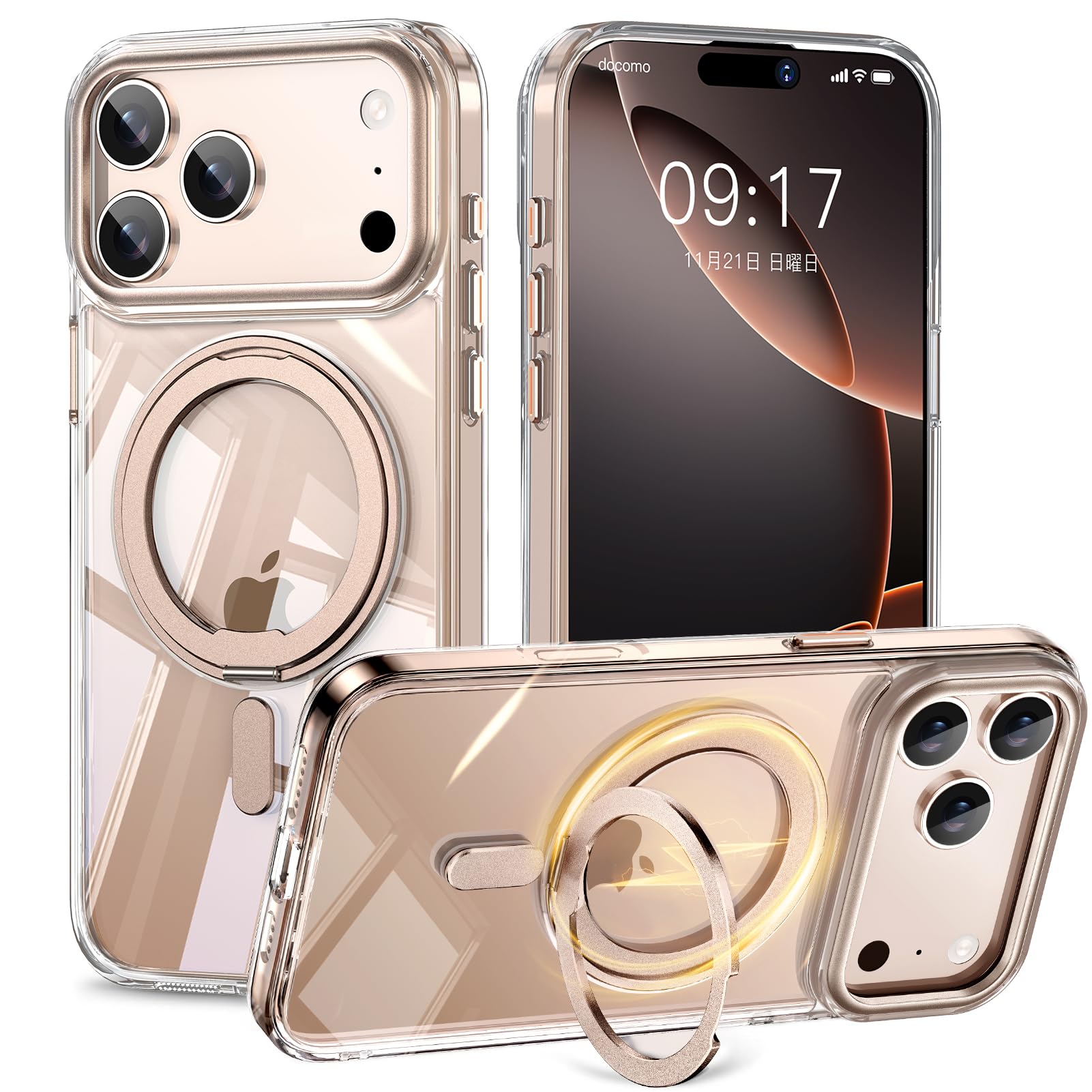 KMAMBNG iPhone 17 Pro 用 容れもの 縦横両相応う 輪っか 【多役立つこと360度回転させる照明ランプ】MagSafe相応う 無線電話申し受ける相応う 半澄み切った引っ敷き スマホケース 米軍標準尺度 耐衝撃 写真機水晶体保護すること 車載保持者相応う
