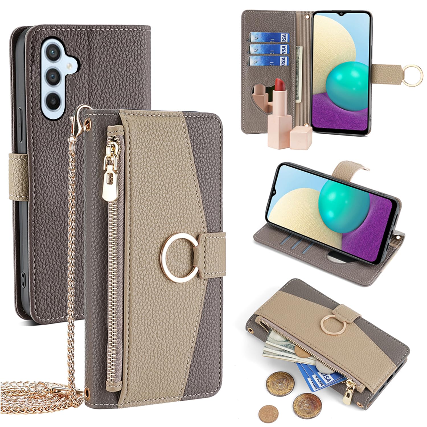 For Galaxy S23 FE ケース 手帳型 ショルダー For ギャラクシーS23 FE SCG24 財布型 カバー 肩掛け 斜めがけ 化粧鏡付き 女性 おしゃれ ロングストラップ ジッパー小銭入れ カード収納 横置き 上質な