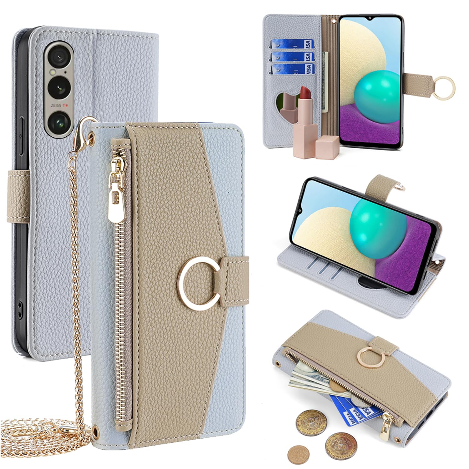 For Xperia 1 VI ケース 手帳型 ショルダー For エクスペリア1 vi Mark-6 SO-51E/SOG13 財布型 カバー 肩掛け 斜めがけ 化粧鏡付き 女性 おしゃれ ロングストラップ ジッパー小銭入れ カード収納 横置き