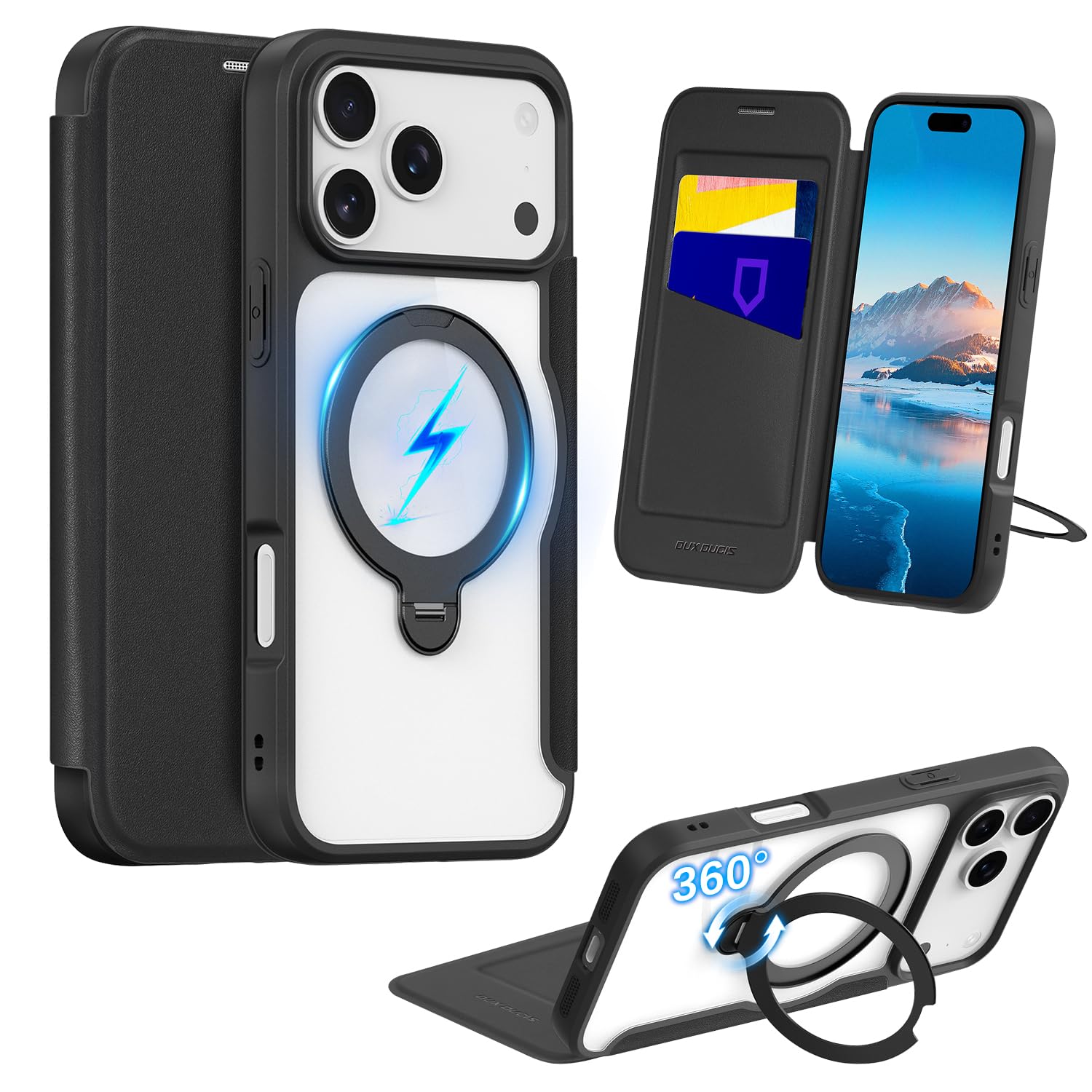 Fadkzyxr iPhone 17 Pro Max 用 容れもの 万覚え帳型 歌留多納める MagSafe相応う 輪っか付き添い人 360°回転させる照明ランプ 縦横両相応う いphone17 Pro Max スマホケース なめし革原料品 たわい無い 薄型 耐衝撃 全面保護すること アイフォン17 プロマ