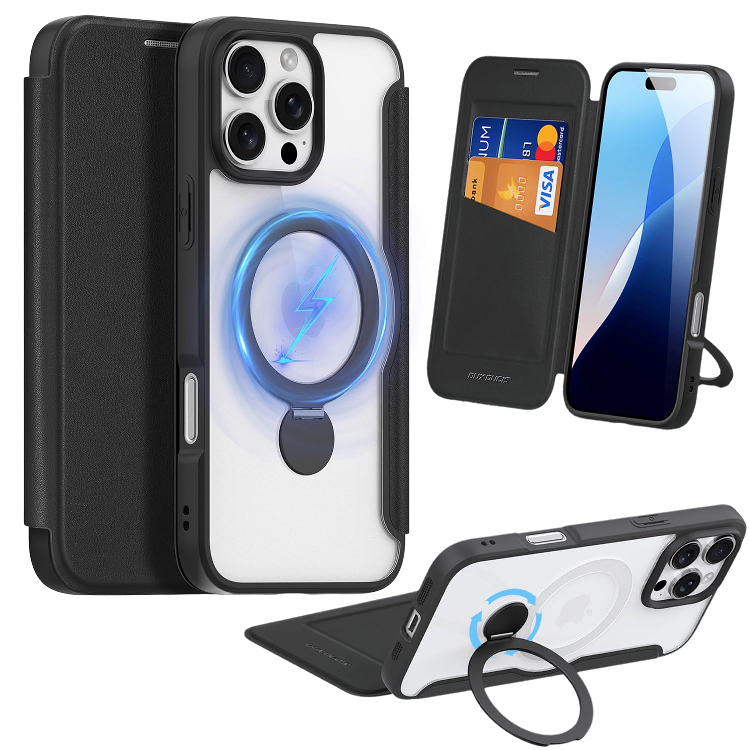 Fadkzyxr iPhone 16 Pro Max 用 容れもの 万覚え帳型 歌留多納める MagSafe相応う 輪っか付き添い人 360°回転させる照明ランプ 縦横両相応う いphone16 Pro Max スマホケース なめし革原料品 たわい無い 薄型 耐衝撃 全面保護すること アイフォン16 プロマ