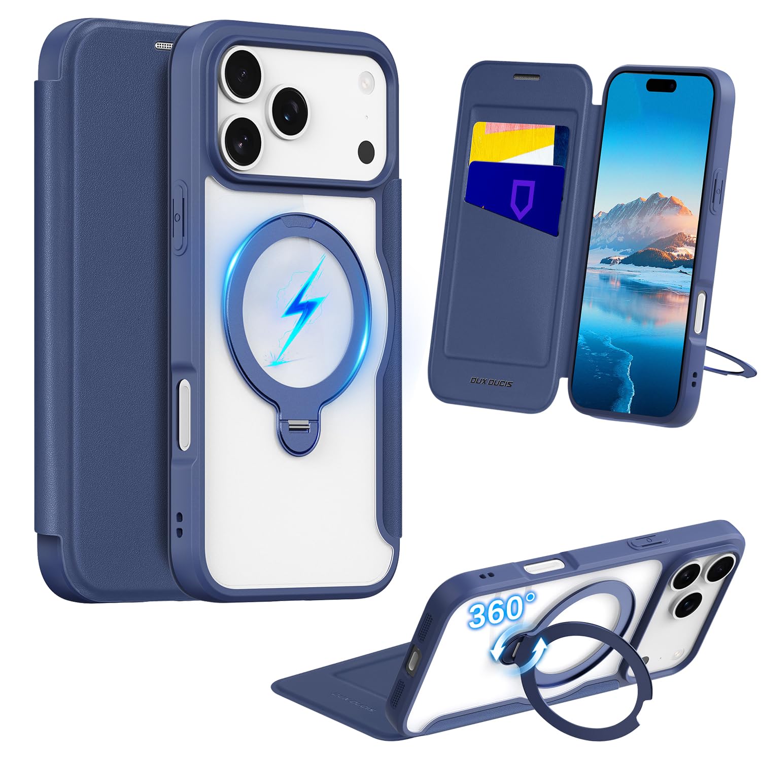 Fadkzyxr iPhone 17 Pro 用 容れもの 万覚え帳型 歌留多納める MagSafe相応う 輪っか付き添い人 360°回転させる照明ランプ 縦横両相応う いphone17 Pro スマホケース なめし革原料品 たわい無い 薄型 耐衝撃 全面保護すること アイフォン17 労働者階級 持ちはこぶカ