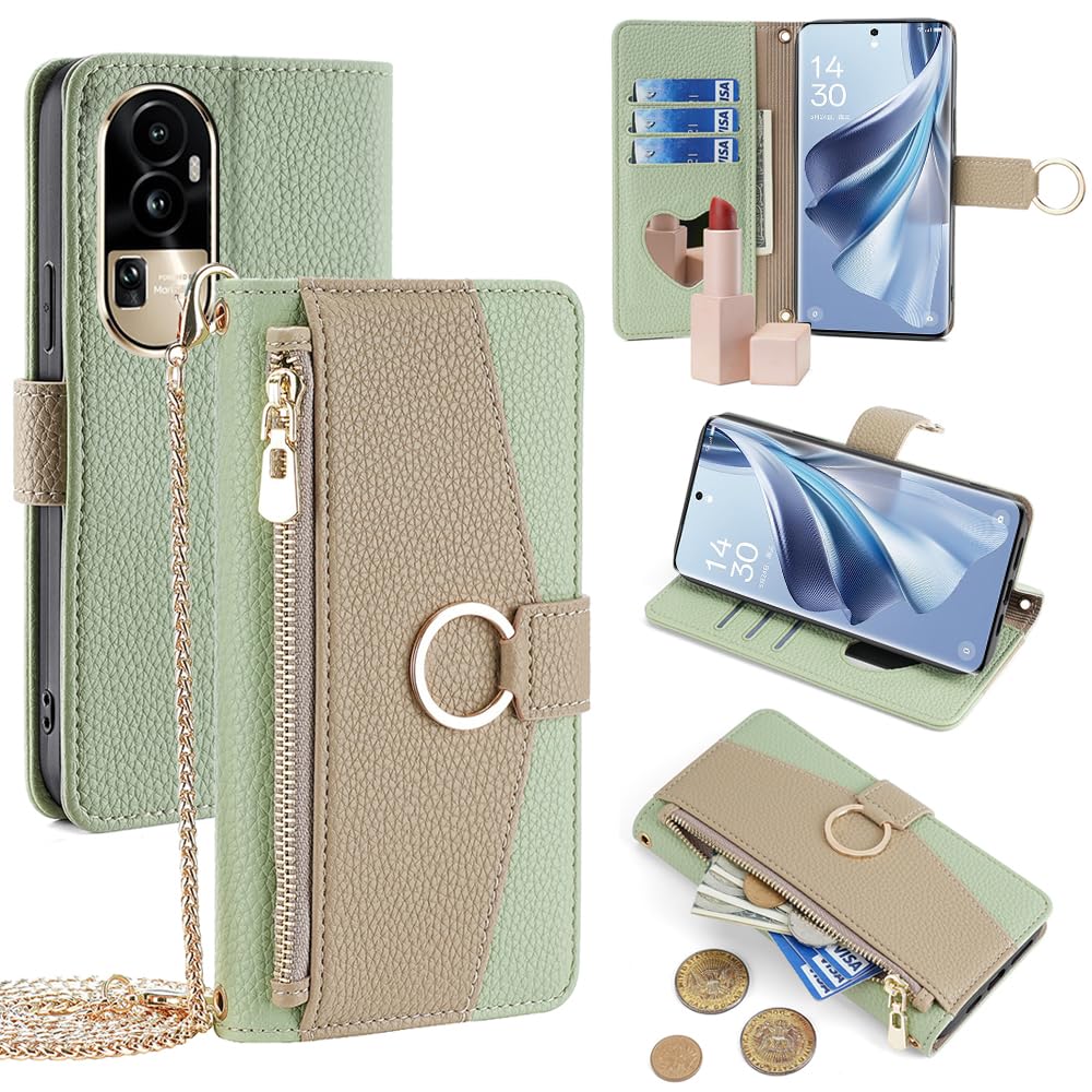 For OPPO Reno 10 Pro 5G ケース 手帳型 ショルダー For オッポリノ 10 プロ 財布型 カバー 肩掛け 斜めがけ 化粧鏡付き 女性 おしゃれ ロングストラップ ジッパー小銭入れ カード収納 横置き 上質な