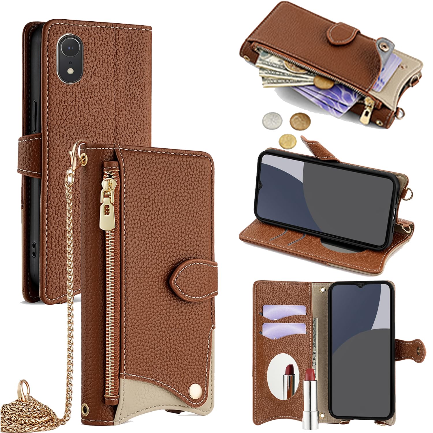 For iPhone XR ケース 手帳型 ショルダー For アイフォンXR カバー 財布型 肩掛け 横+縦 2掛け方 斜めがけ 化粧鏡付き おしゃれ ジッパー小銭入れ カード収納 横置き ロングストラップ 耐汚れ PUレ