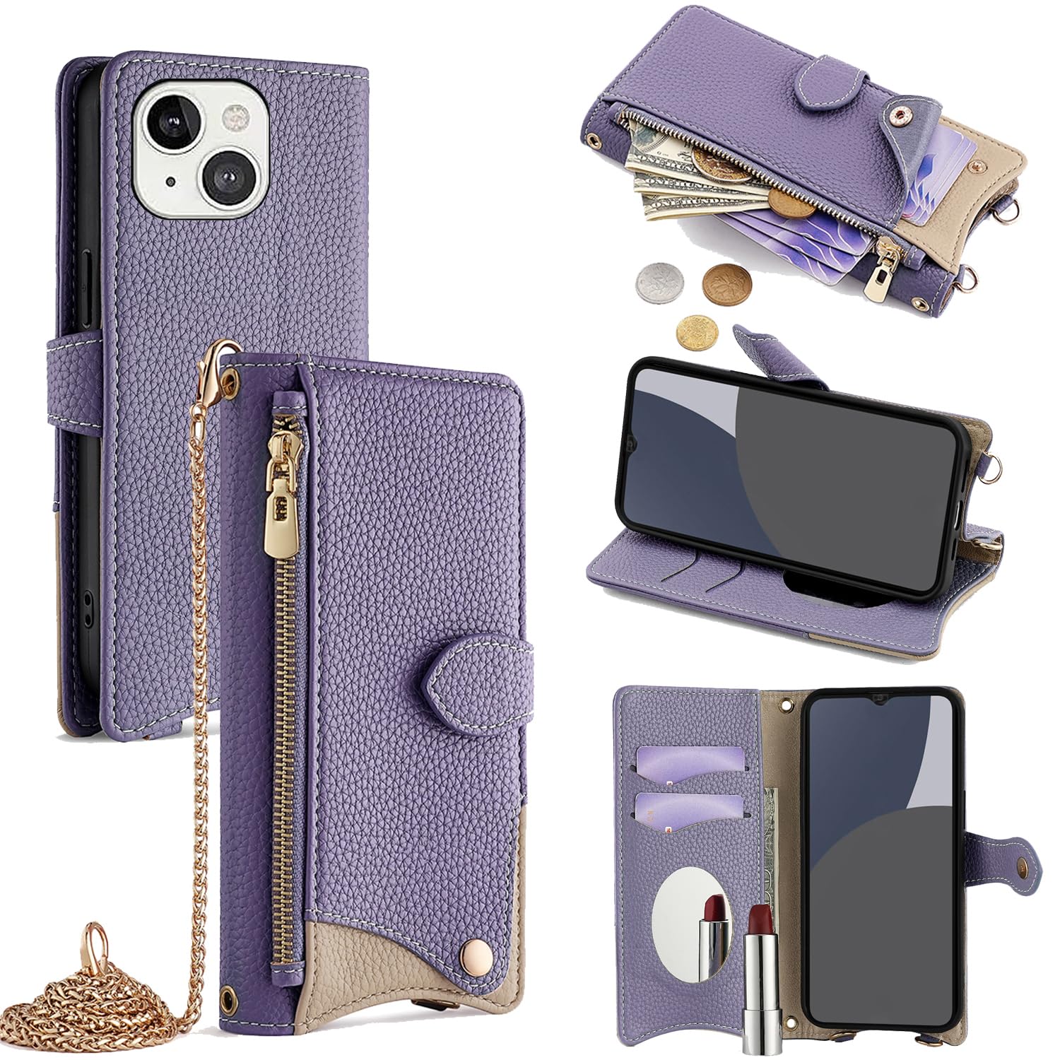For iPhone 13 ケース 手帳型 ショルダー For アイフォン13 カバー 財布型 肩掛け 横+縦 2掛け方 斜めがけ 化粧鏡付き おしゃれ ジッパー小銭入れ カード収納 横置き ロングストラップ 耐汚れ PUレ
