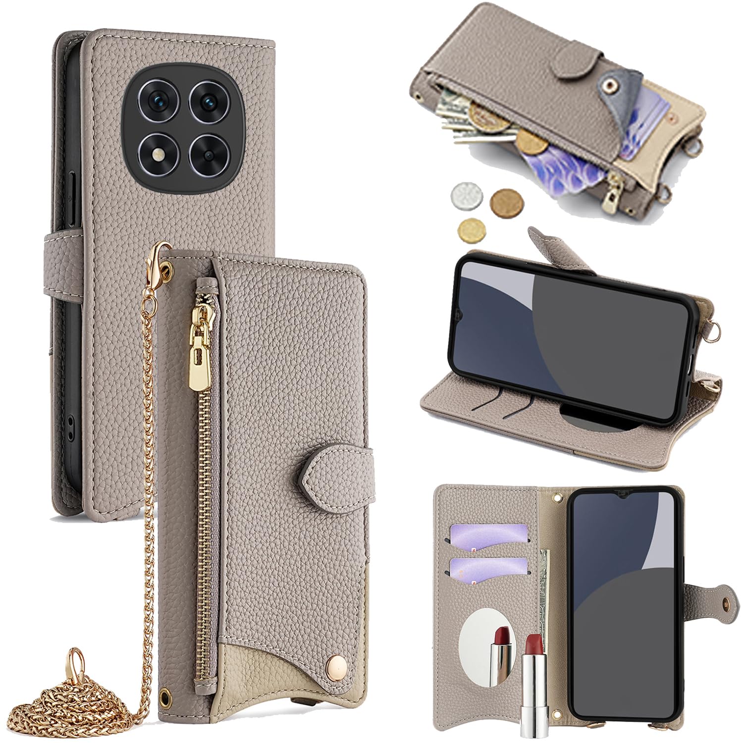 For Redmi Note 14 Pro/14Pro+ 5G ケース 手帳型 ショルダー For シャオミ For レッドミー ノート14プロ プラス カバー 財布型 肩掛け 横+縦 2掛け方 斜めがけ 化粧鏡付き おしゃれ ジッパー小銭入れ カー