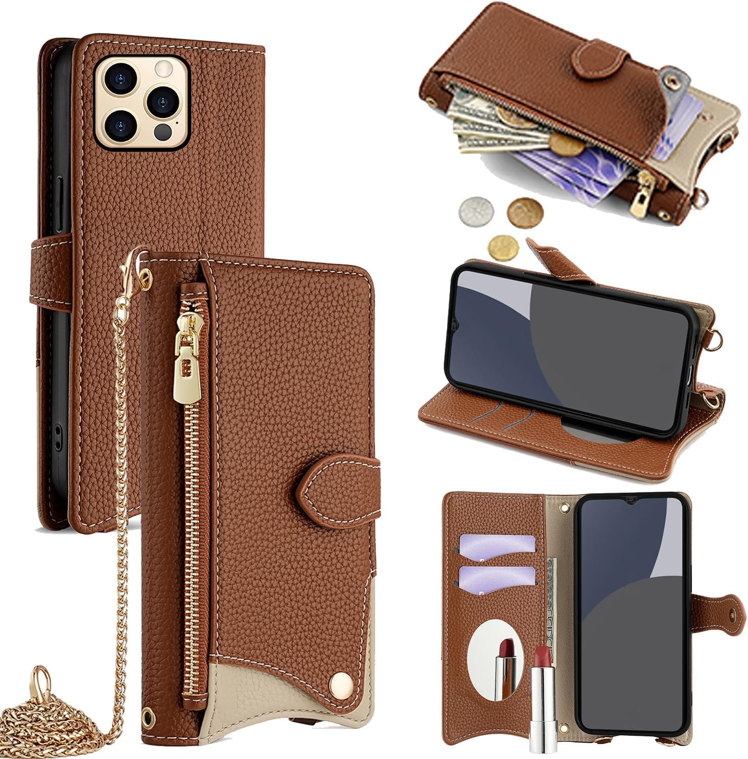 For iPhone 13 Pro ケース 手帳型 ショルダー For アイフォン13 プロ カバー 財布型 肩掛け 横+縦 2掛け方 斜めがけ 化粧鏡付き おしゃれ ジッパー小銭入れ カード収納 横置き ロングストラップ 耐
