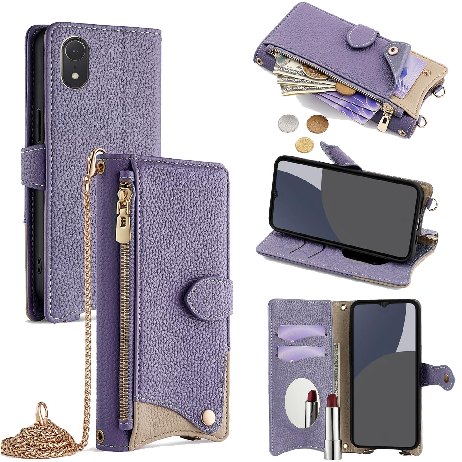 For iPhone XR ケース 手帳型 ショルダー For アイフォンXR カバー 財布型 肩掛け 横+縦 2掛け方 斜めがけ 化粧鏡付き おしゃれ ジッパー小銭入れ カード収納 横置き ロングストラップ 耐汚れ PUレ