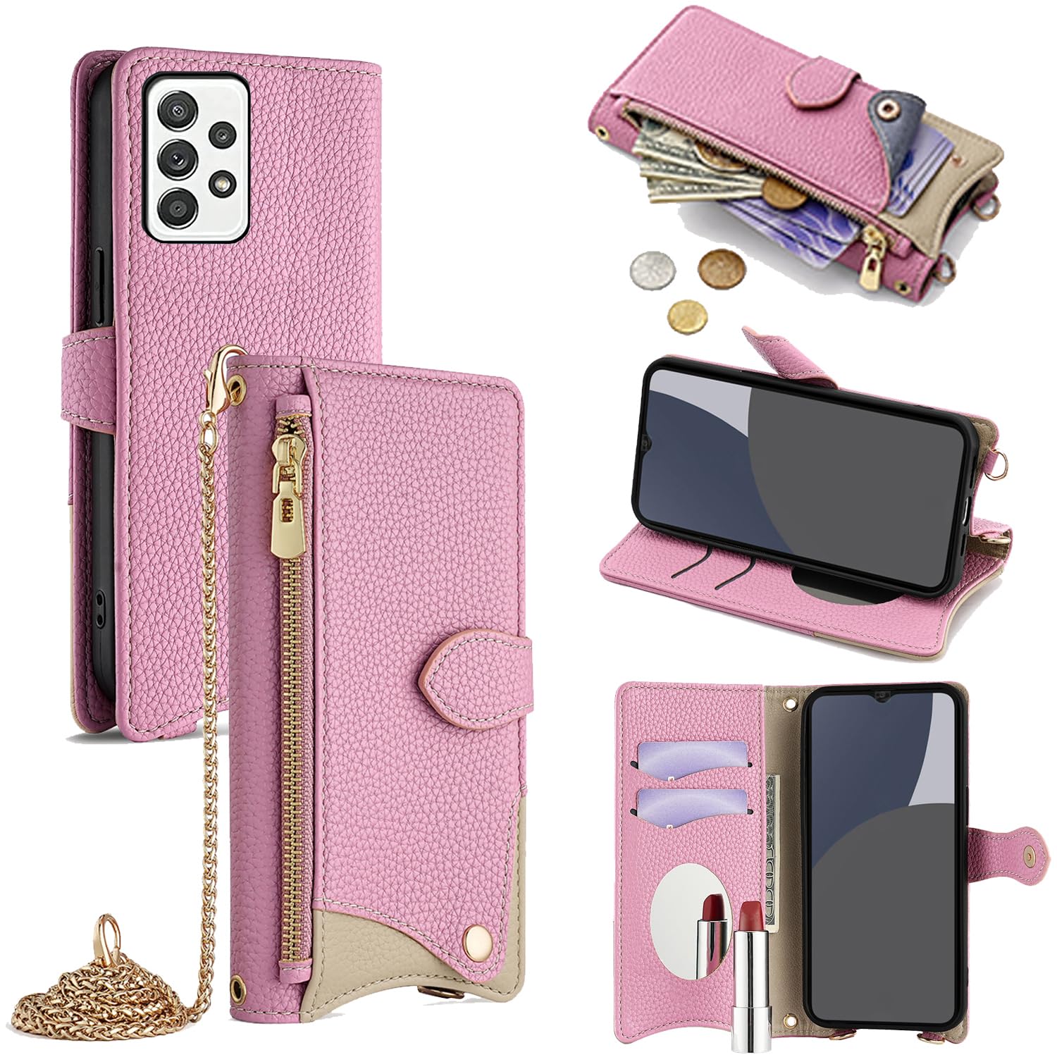 For Galaxy A52 5G ケース 手帳型 ショルダー For ギャラクシーA52 SC-53B カバー 財布型 肩掛け 横+縦 2掛け方 斜めがけ 化粧鏡付き おしゃれ ジッパー小銭入れ カード収納 横置き ロングストラップ