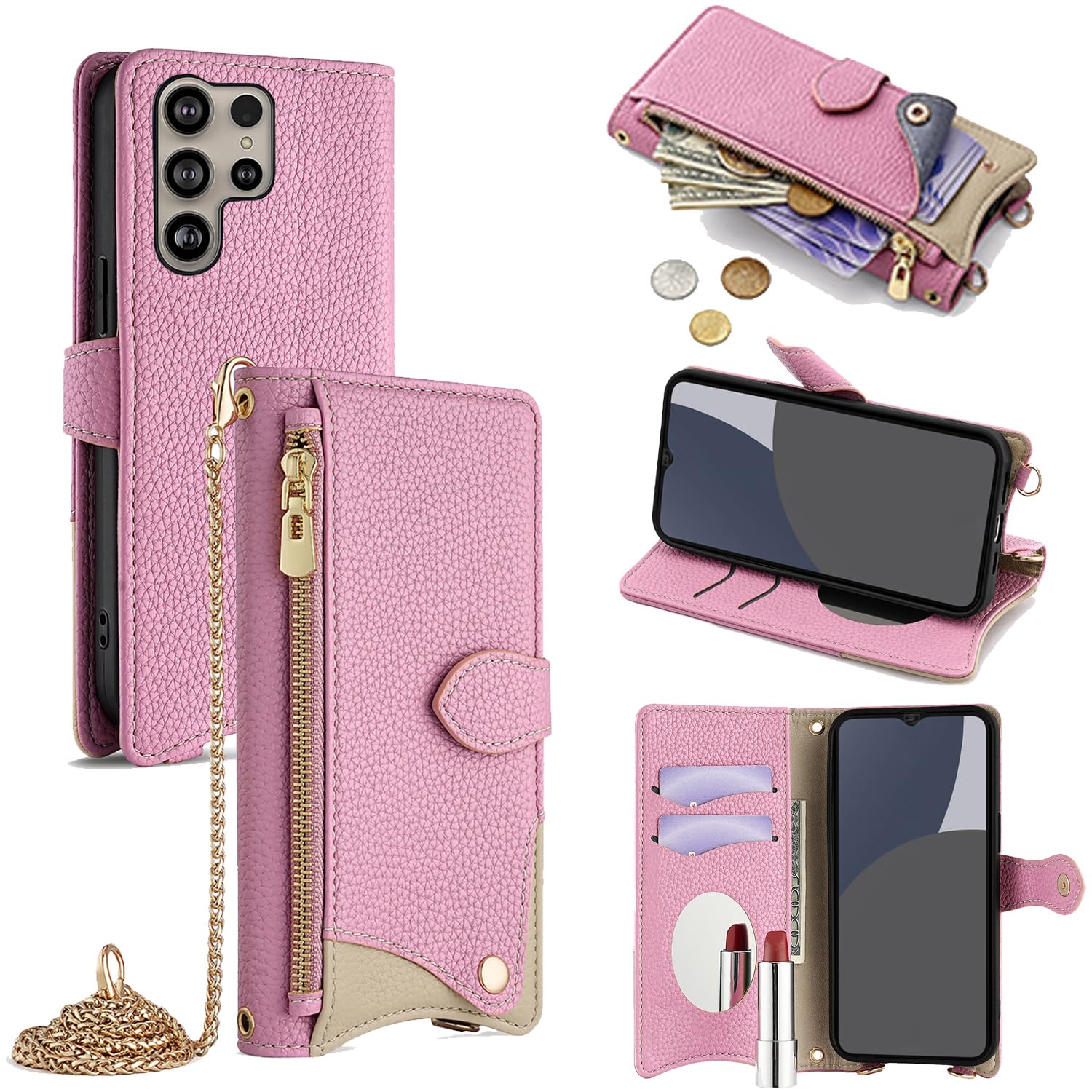 For Galaxy S24 Ultra ケース 手帳型 ショルダー For ギャラクシーS24 ウルトラ SC-52E/SCG26 カバー 財布型 肩掛け 横+縦 2掛け方 斜めがけ 化粧鏡付き おしゃれ ジッパー小銭入れ カード収納 横置き ロ