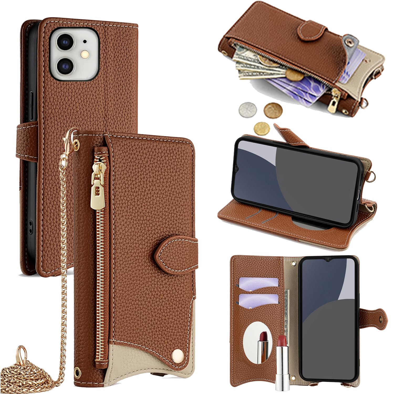 For iPhone 11 ケース 手帳型 ショルダー For アイフォン11 カバー 財布型 肩掛け 横+縦 2掛け方 斜めがけ 化粧鏡付き おしゃれ ジッパー小銭入れ カード収納 横置き ロングストラップ 耐汚れ PUレ
