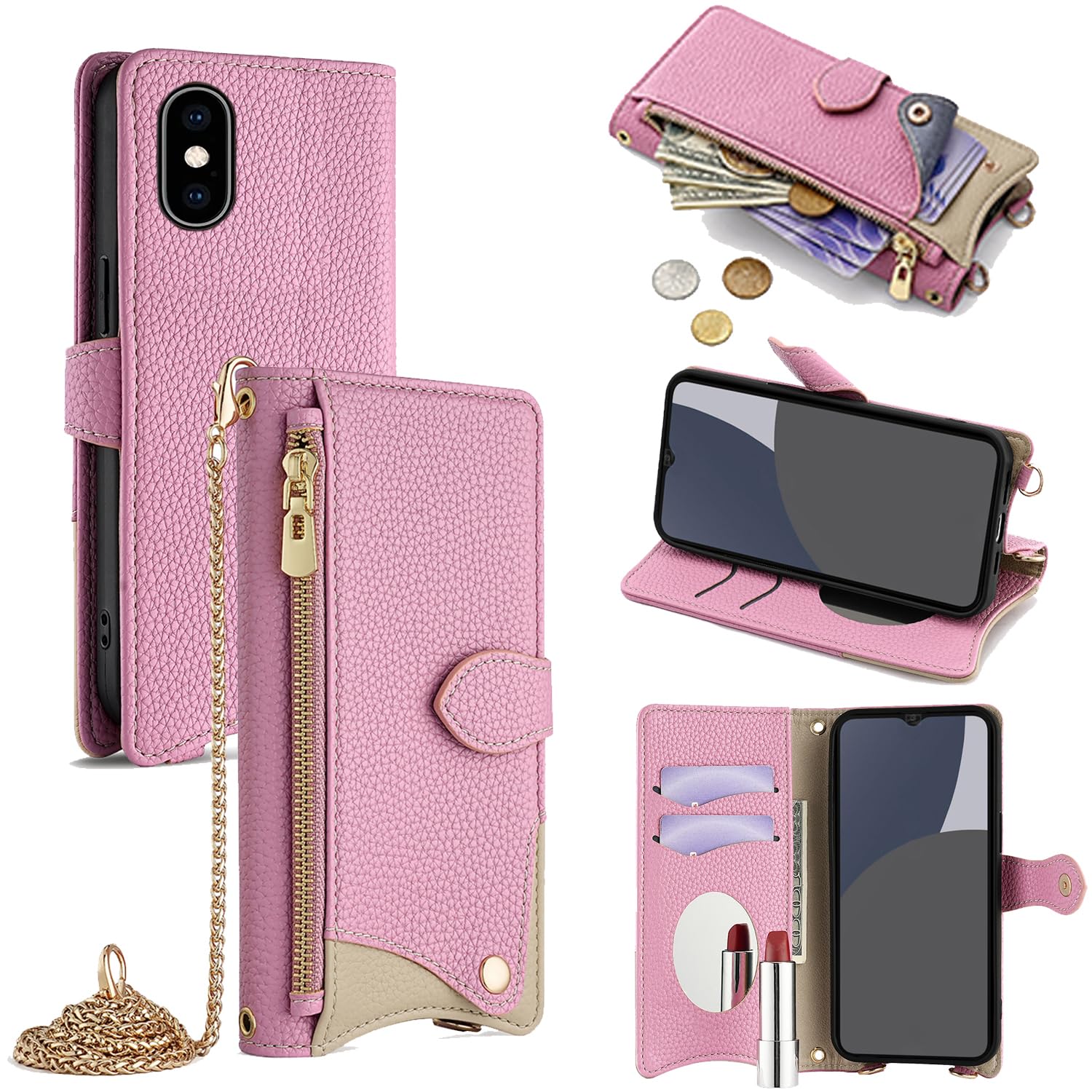 For iPhone XS Max ケース 手帳型 ショルダー For アイフォンXS マックス カバー 財布型 肩掛け 横+縦 2掛け方 斜めがけ 化粧鏡付き おしゃれ ジッパー小銭入れ カード収納 横置き ロングストラップ