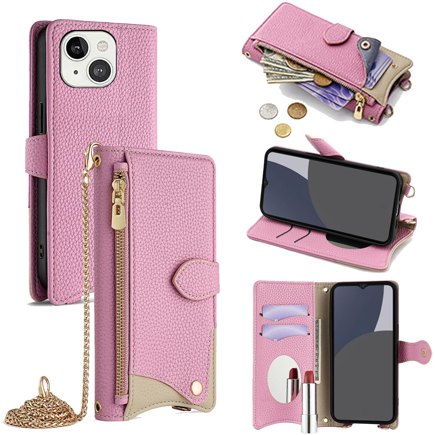 For iPhone 15 ケース 手帳型 ショルダー For アイフォン15 カバー 財布型 肩掛け 横+縦 2掛け方 斜めがけ 化粧鏡付き おしゃれ ジッパー小銭入れ カード収納 横置き ロングストラップ 耐汚れ PUレ