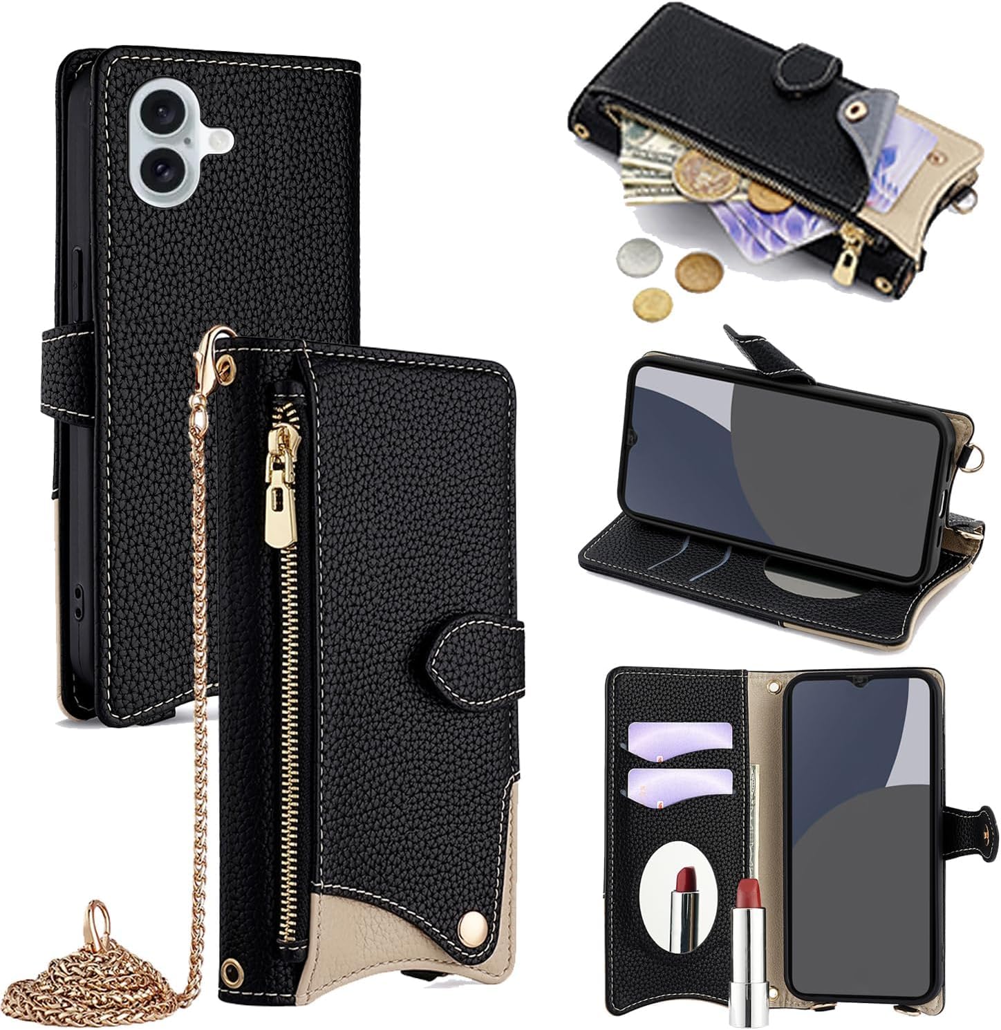 For iPhone 16 Plus ケース 手帳型 ショルダー For アイフォン16 プラス カバー 財布型 肩掛け 横+縦 2掛け方 斜めがけ 化粧鏡付き おしゃれ ジッパー小銭入れ カード収納 横置き ロングストラップ