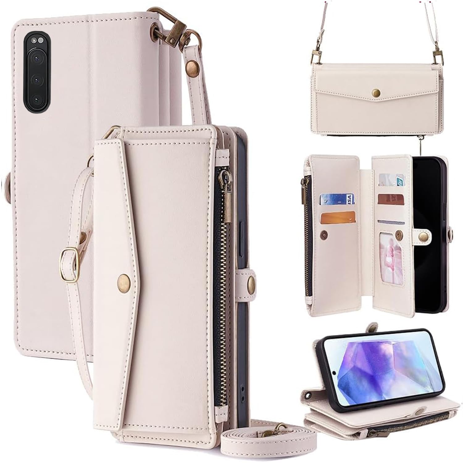For Xperia 5 II ケース 財布型 For エクスペリア5 ii SOG02/SO-52A/A002SO/XQ-AS42 手帳型 ショルダー ストラップ長+短2本 5枚カードスロット 1枚の写真スロットスタンド機能 1枚の現金スロット 1つのジッ
