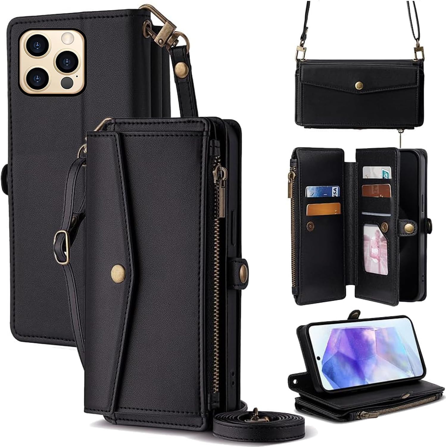 For iPhone 14 Pro ケース 財布型 For アイフォン14 プロ 手帳型 ショルダー ストラップ長+短2本 5枚カード収納 1枚の写真収納スタンド機能 1枚の現金収納 1つのジッパーポケット 防落・防コケ・防