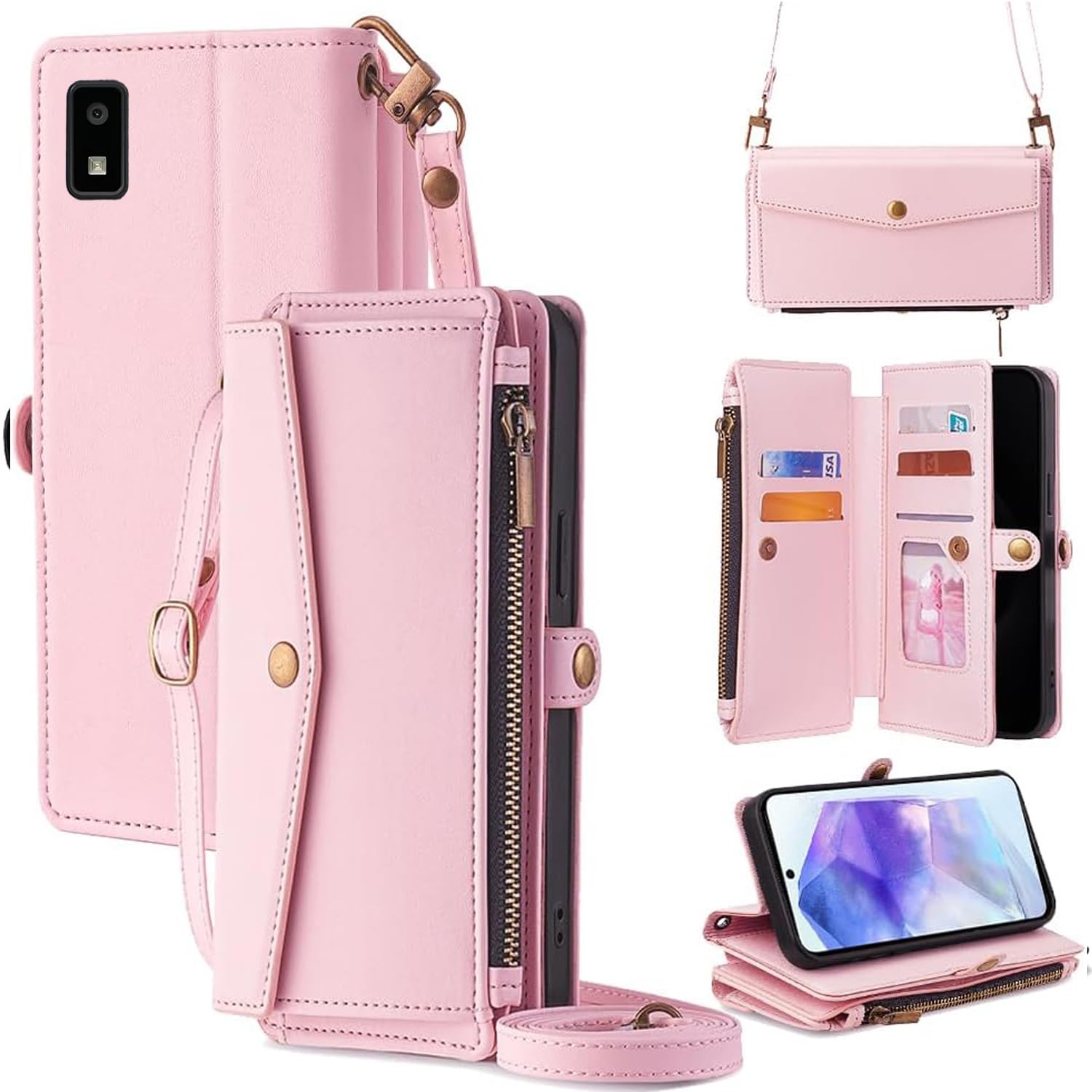 For AQUOS wish3 ケース 財布型 For アクオスwish3 SH-53D/A302SH 手帳型 ショルダー ストラップ長+短2本 5枚カード収納 1枚の写真収納スタンド機能 1枚の現金収納 1つのジッパーポケット 防落・防コケ